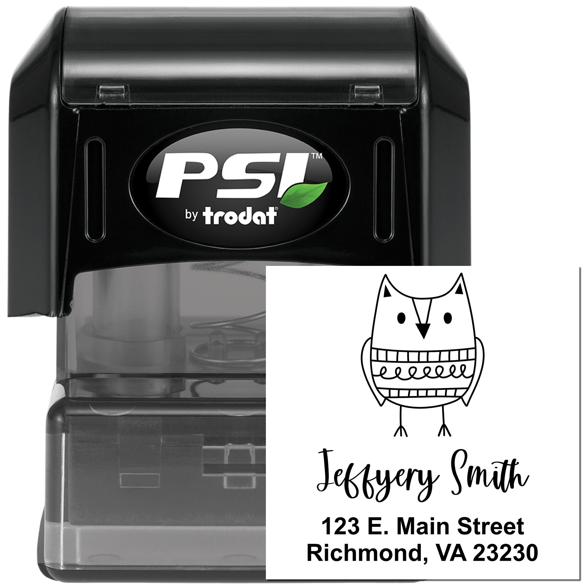 PSI by Trodat self-inking rubber stamp with custom owl return address design for personalized mailings.
