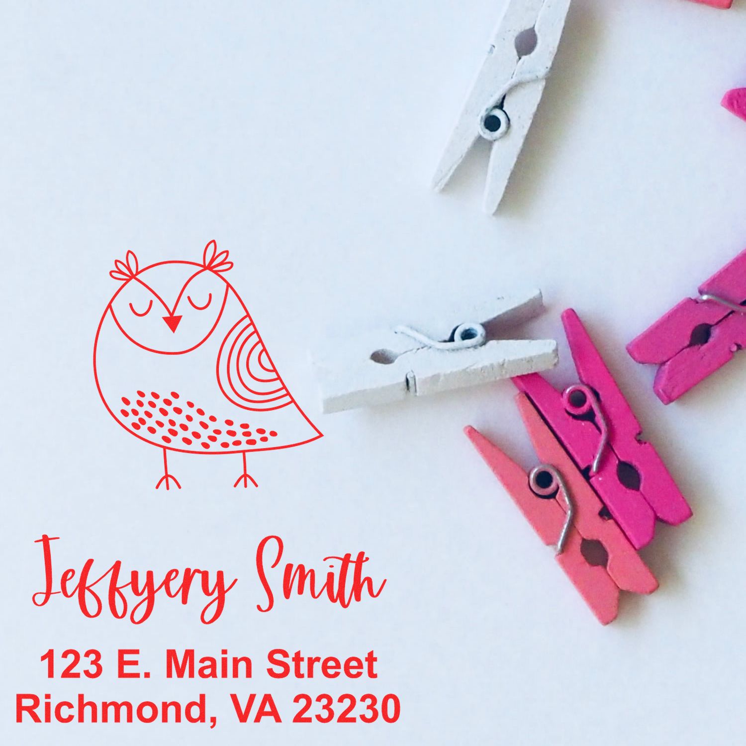 Custom rubber stamp with owl logo and return address for Jeffery Smith, Richmond, VA 23230.