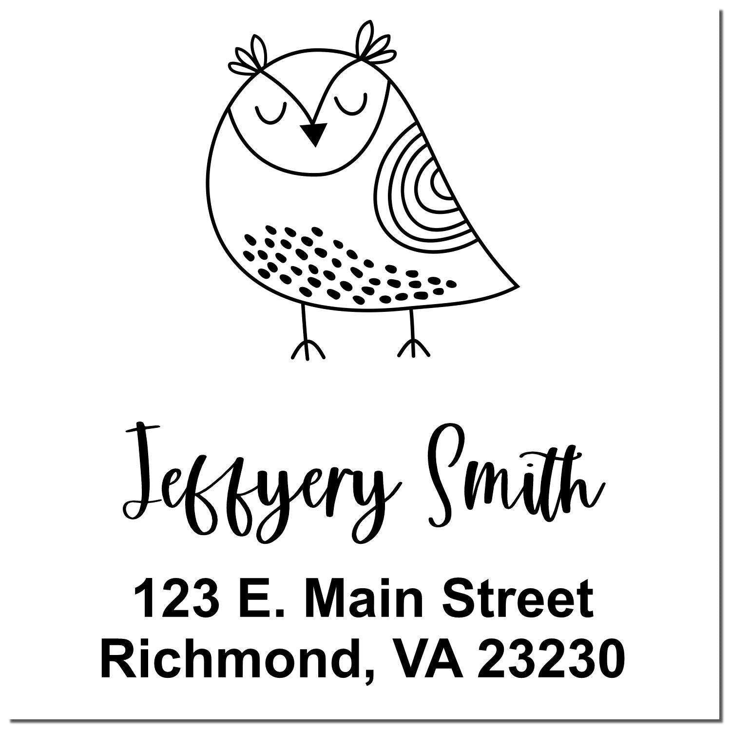 Custom owl return address rubber stamp with Jeffrey Smith, 123 E. Main Street, Richmond, VA 23230