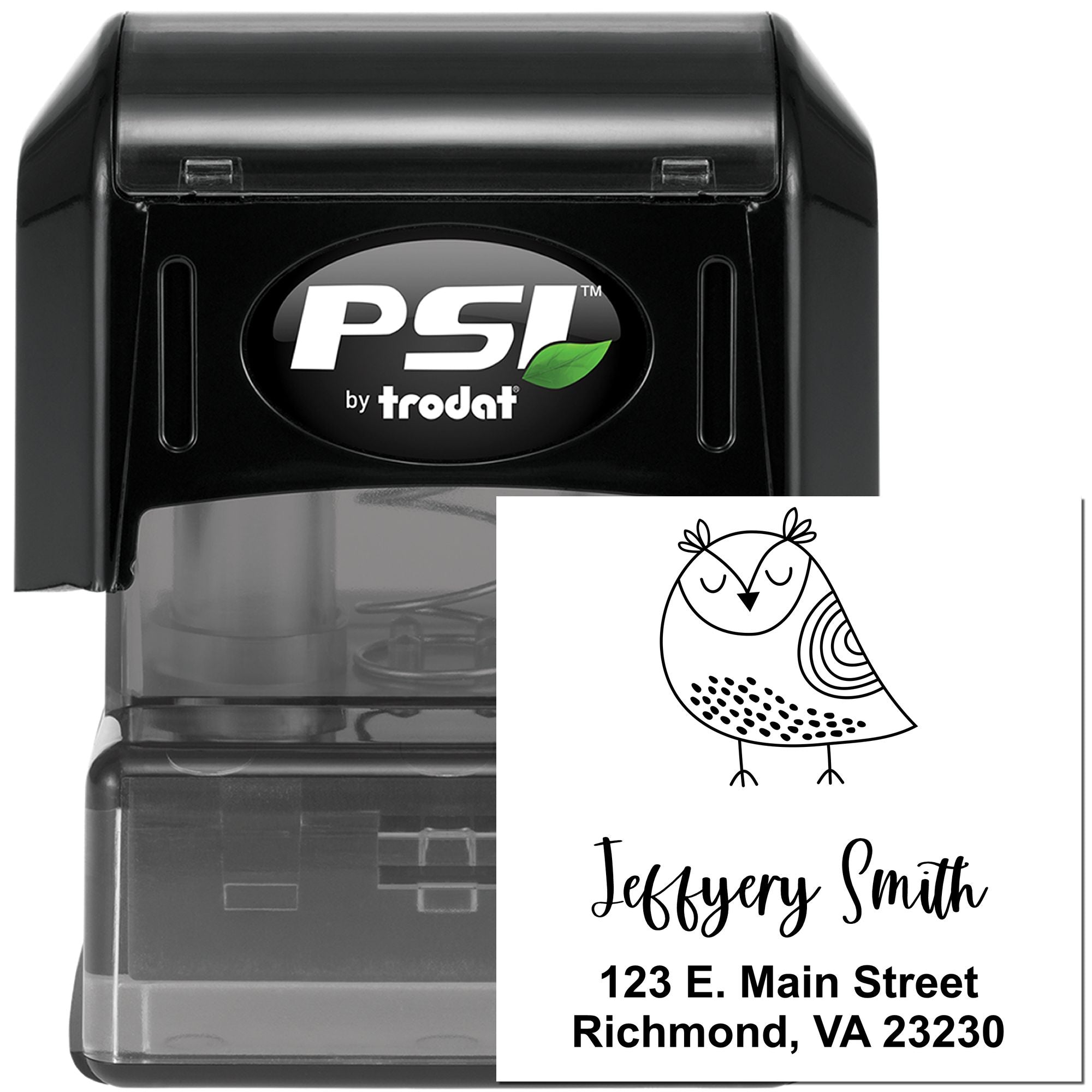 Custom self-inking rubber stamp by PSI Trodat with owl logo, Jeffery Smith name, and Richmond, VA return address.