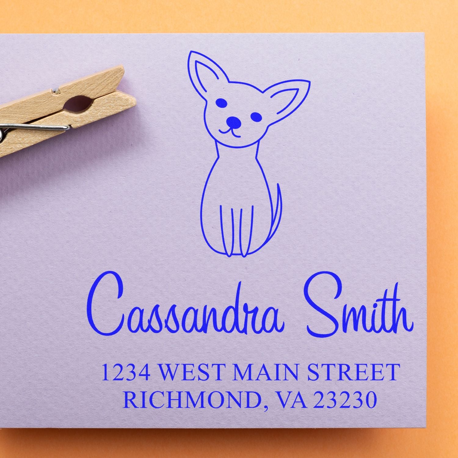 Custom return address rubber stamp with dog illustration, personalized name, and Richmond, VA mailing address.