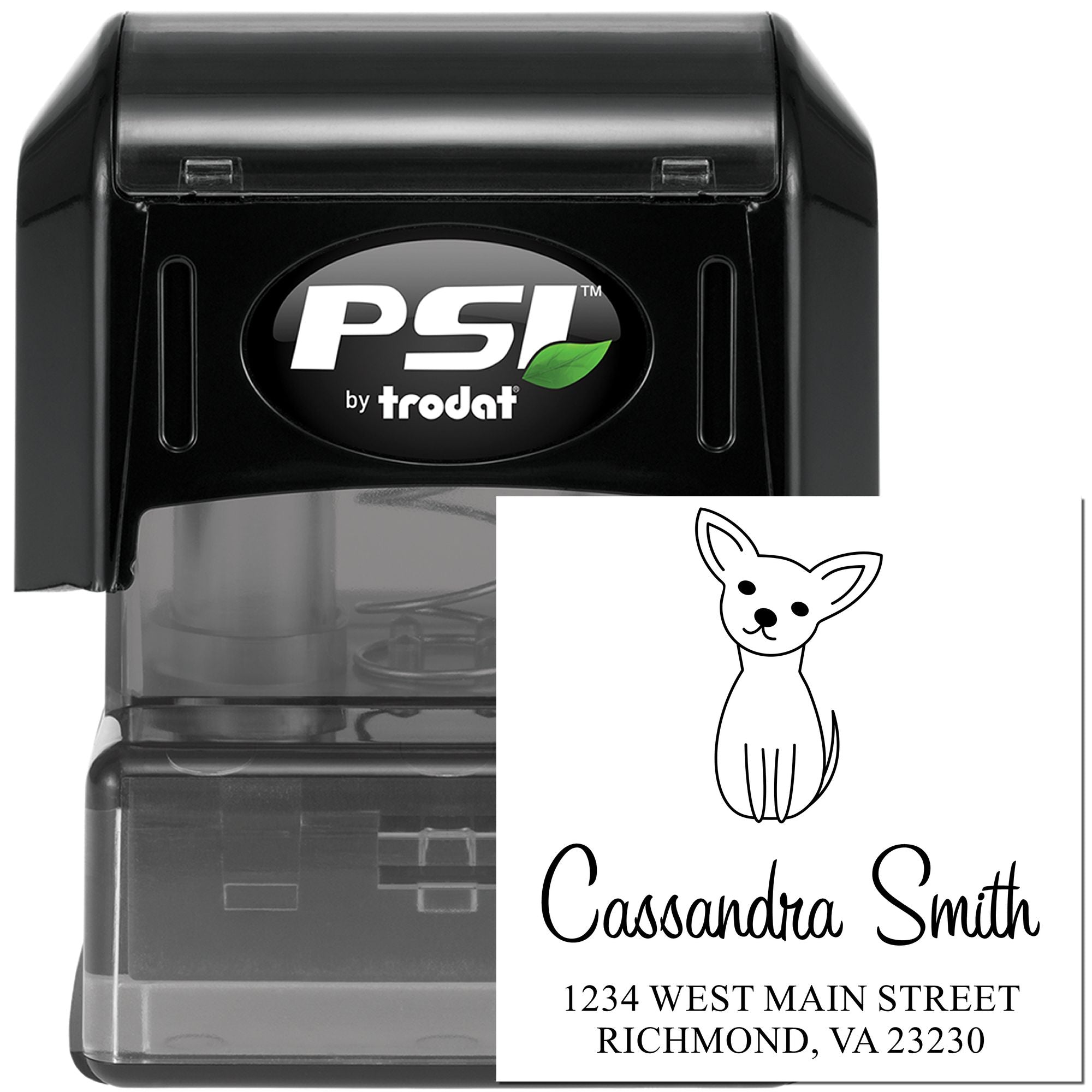 PSI by Trodat self-inking rubber stamp with custom chihuahua address design for personalized mailing and pet-themed stamping