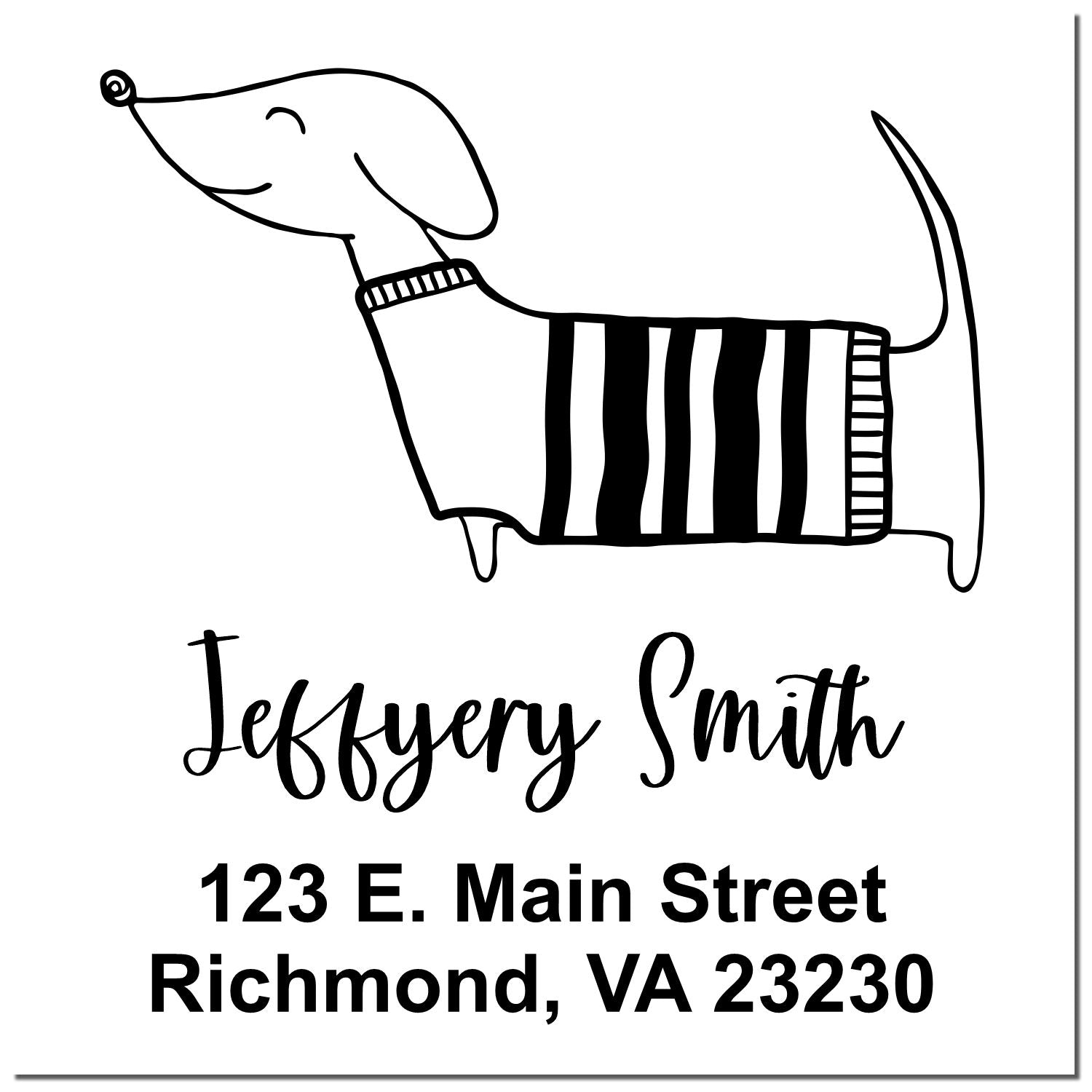 Custom dog return address rubber stamp with pet illustration, Jeffery Smith, and Richmond, VA mailing details.