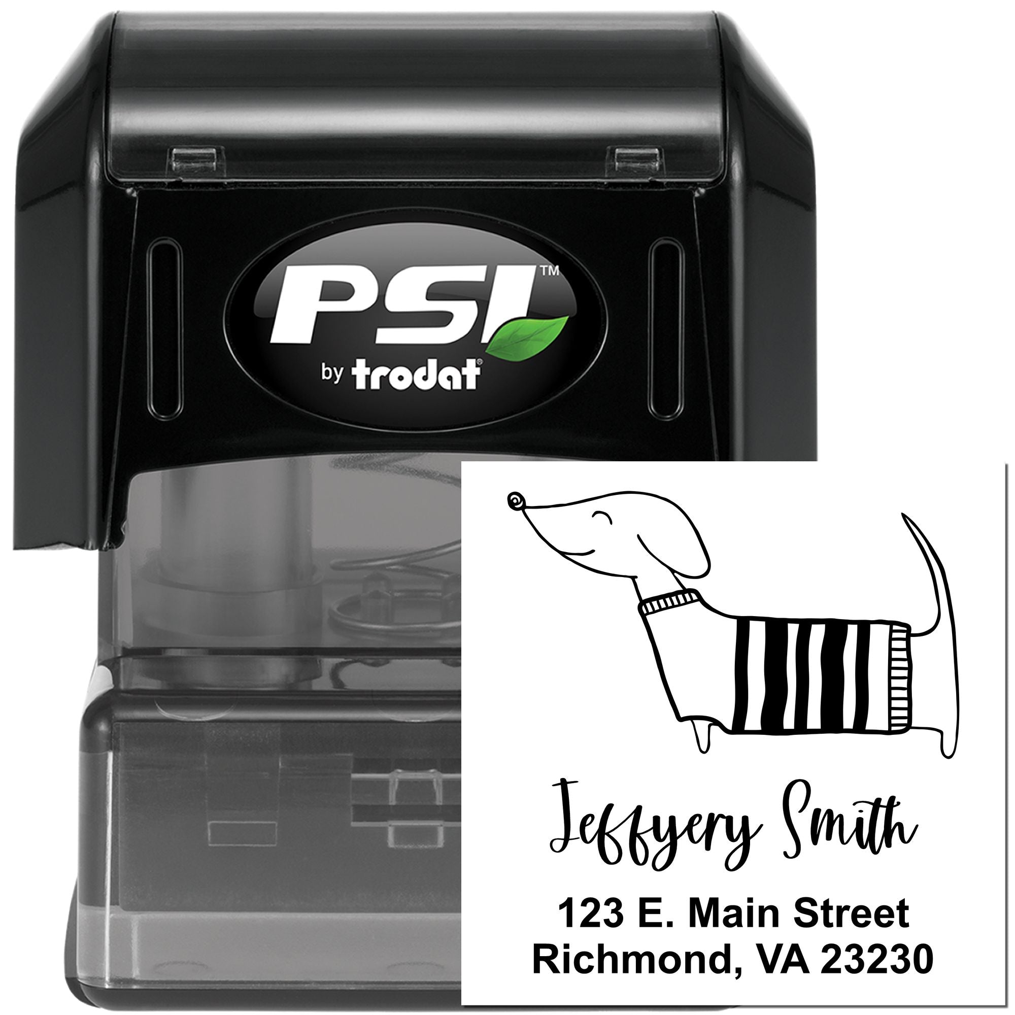 Personalized self-inking return address rubber stamp with dog design for Jeffrey Smith, Richmond, VA.