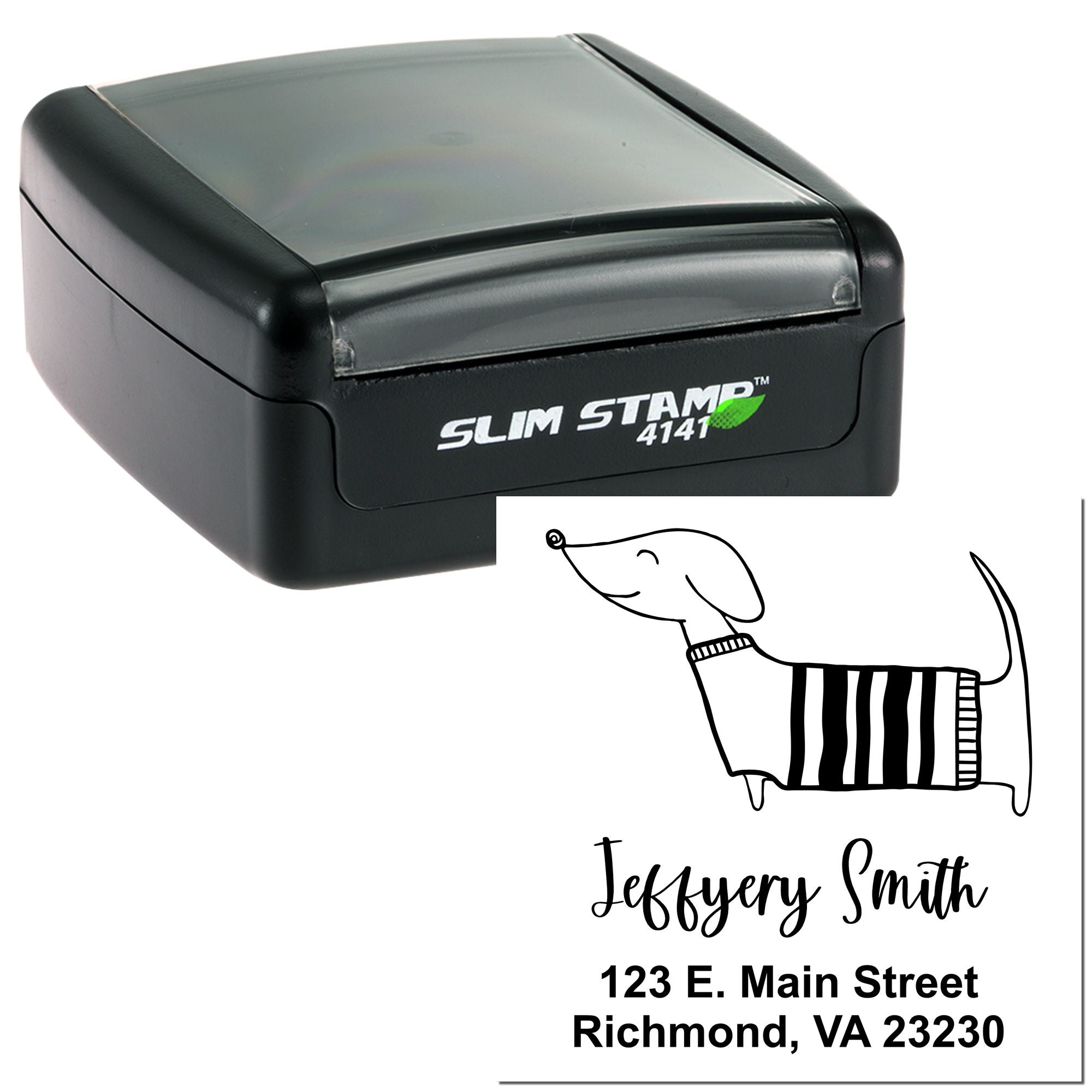 Personalized self-inking rubber address stamp with dog design, Slim Stamp 4141, featuring name and Richmond, VA address.