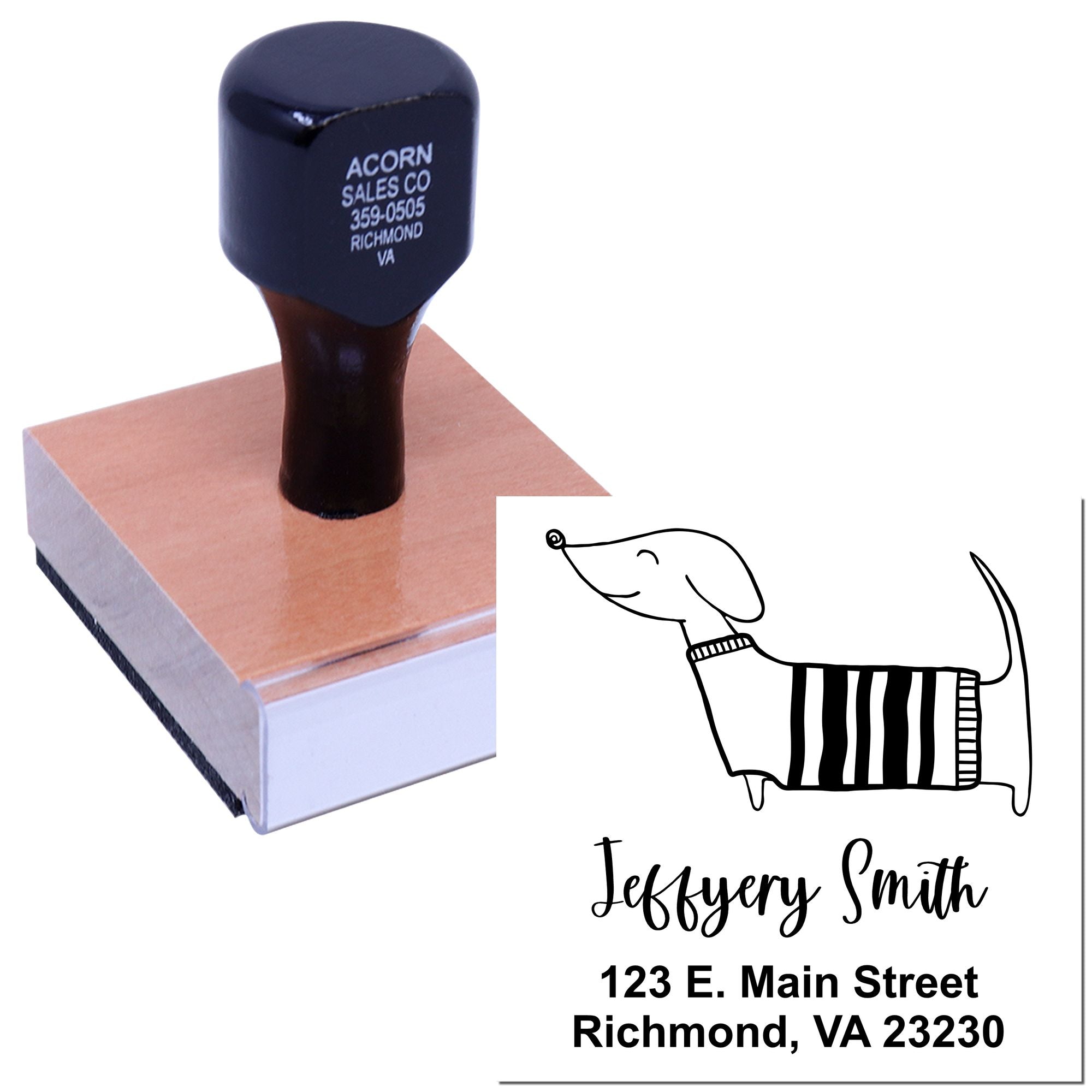 Custom rubber address stamp with dog illustration, name, and Richmond, VA return address for personalized mailing.