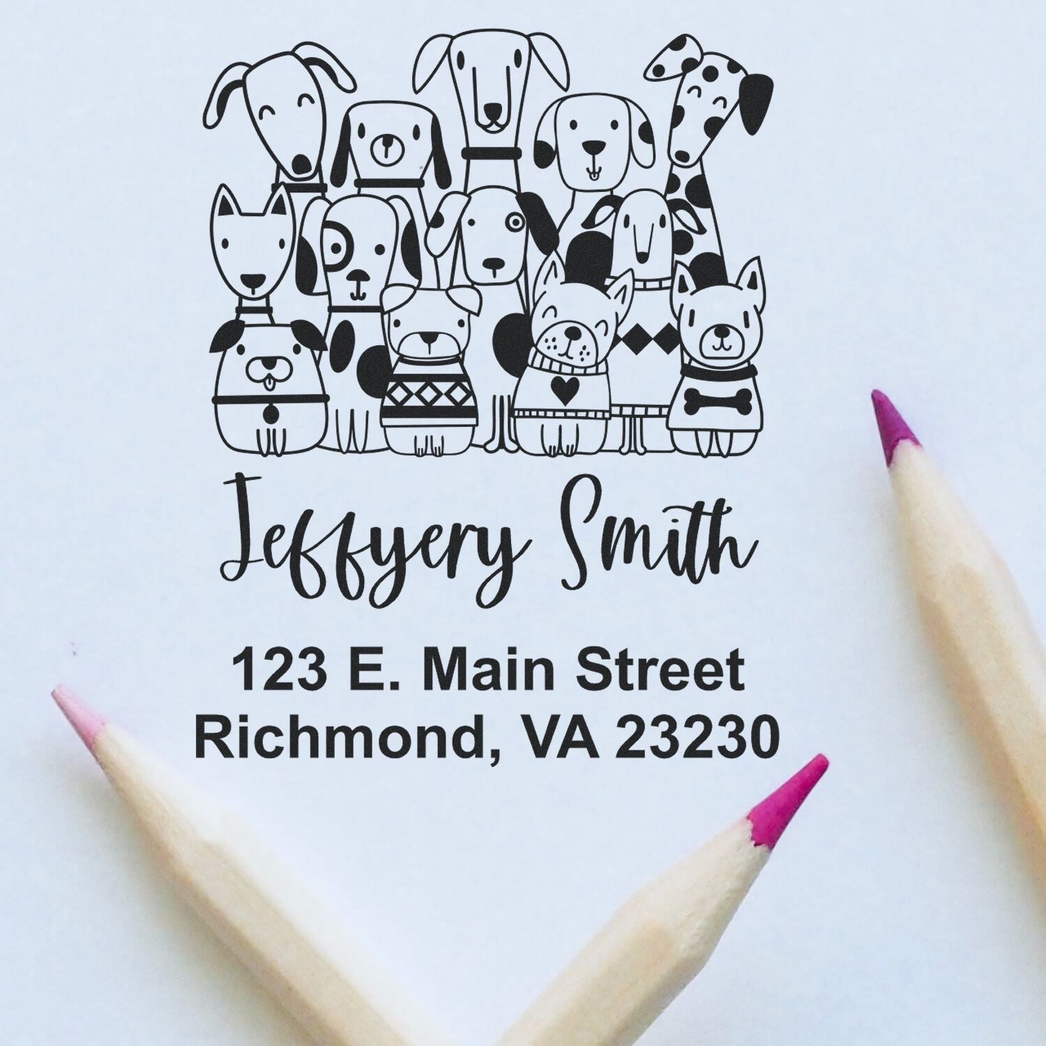 Custom dog family return address rubber stamp with name Jeffery Smith and Richmond, VA 23230 for personalized mailing labels.