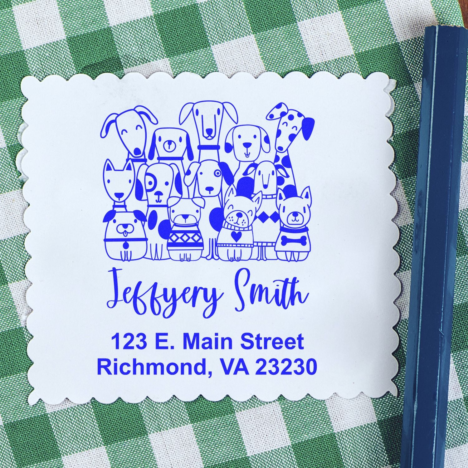 Personalized dog-themed address rubber stamp with custom name and Richmond, VA return address