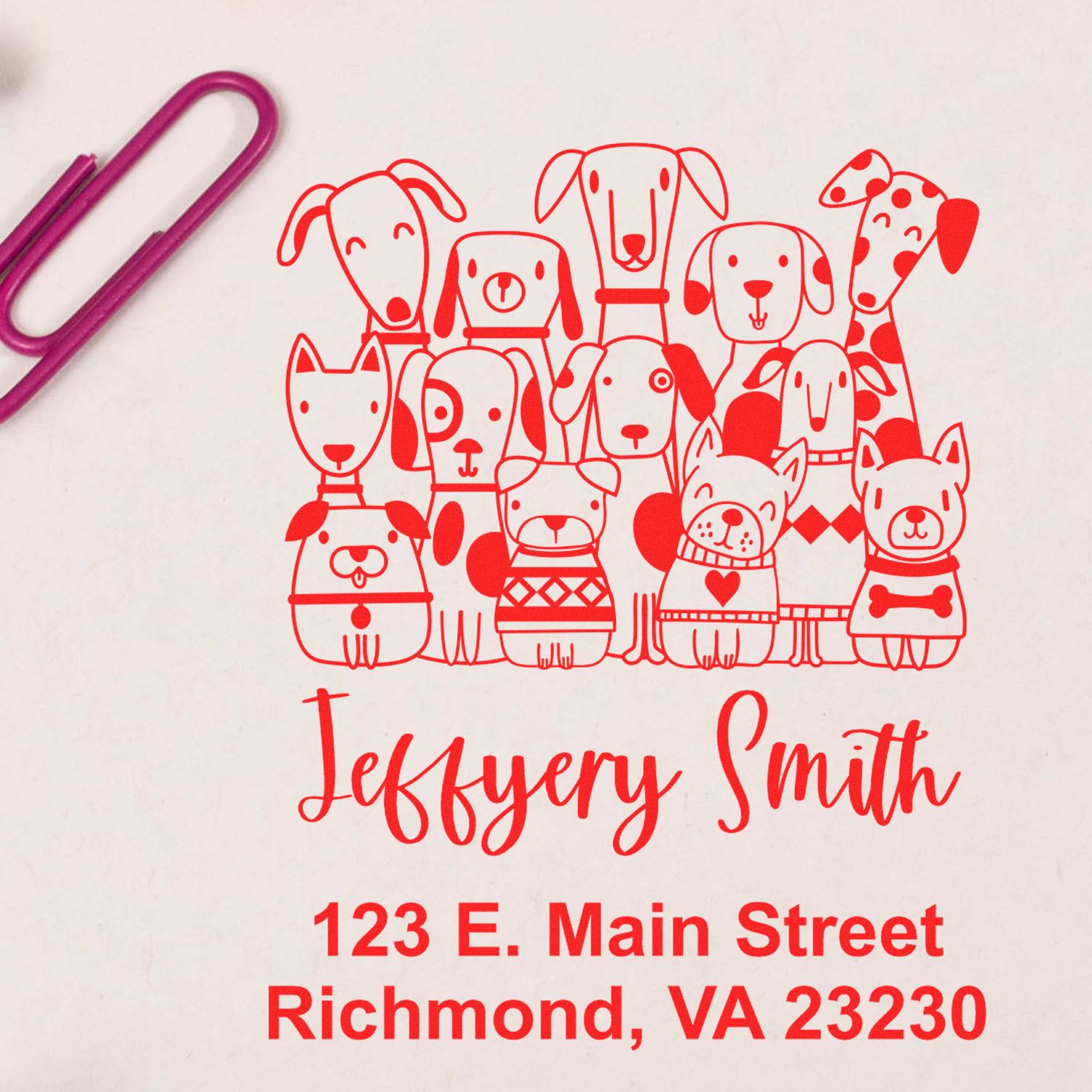 Personalized dog-themed rubber address stamp with name and Richmond, VA address for pet lovers