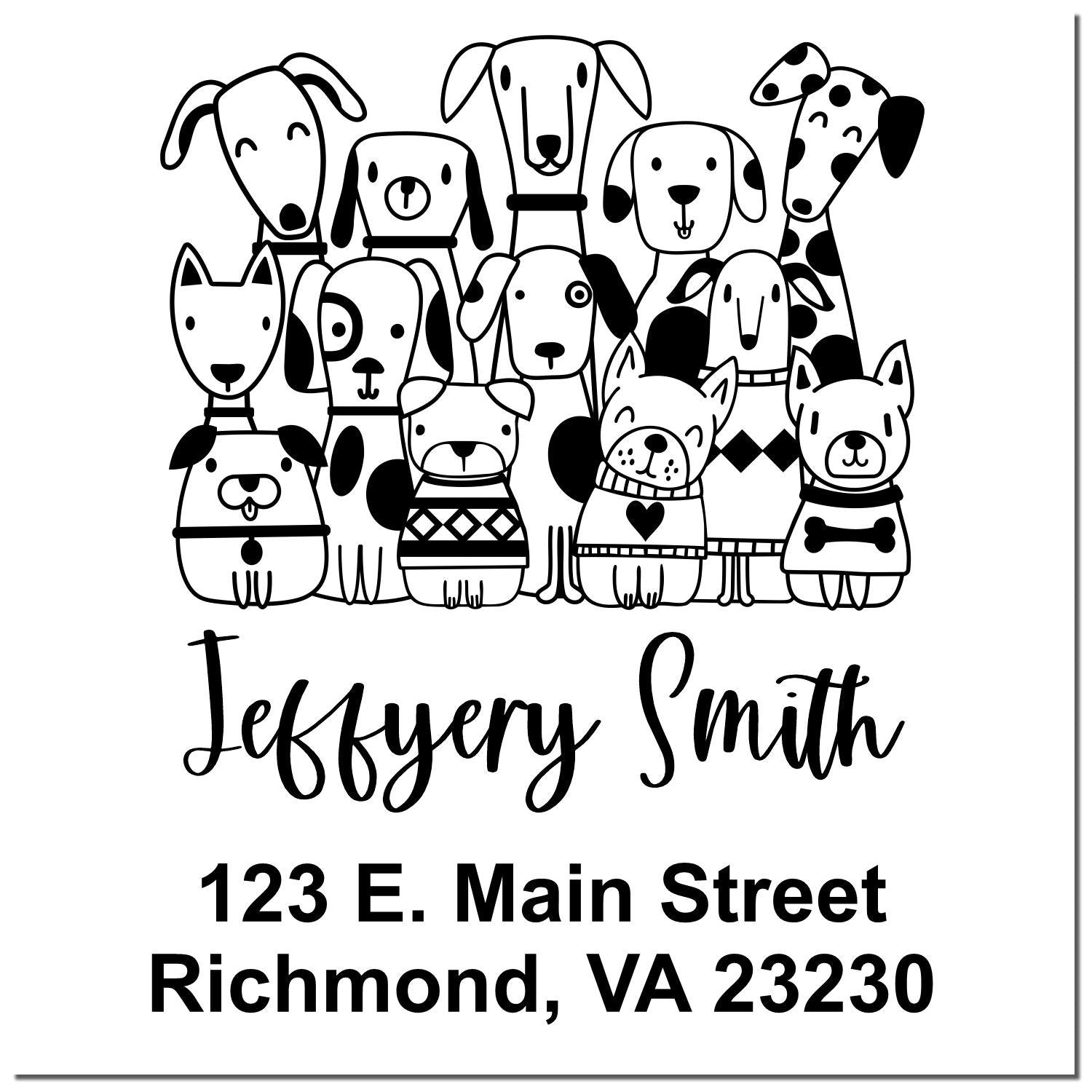 Custom return address rubber stamp with cartoon dogs, personalized name, and address for pet lovers.