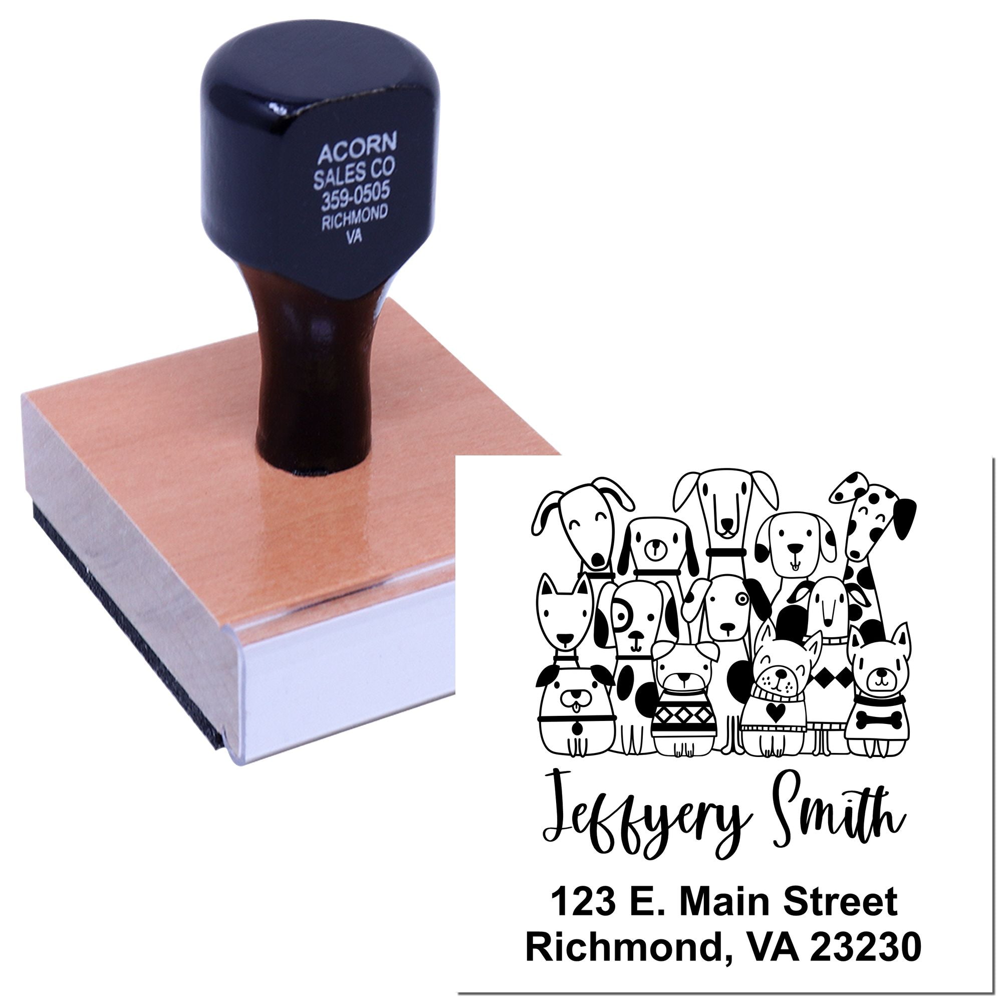 Custom dog address rubber stamp with self-inking handle, showing a personalized pet-themed return address imprint.