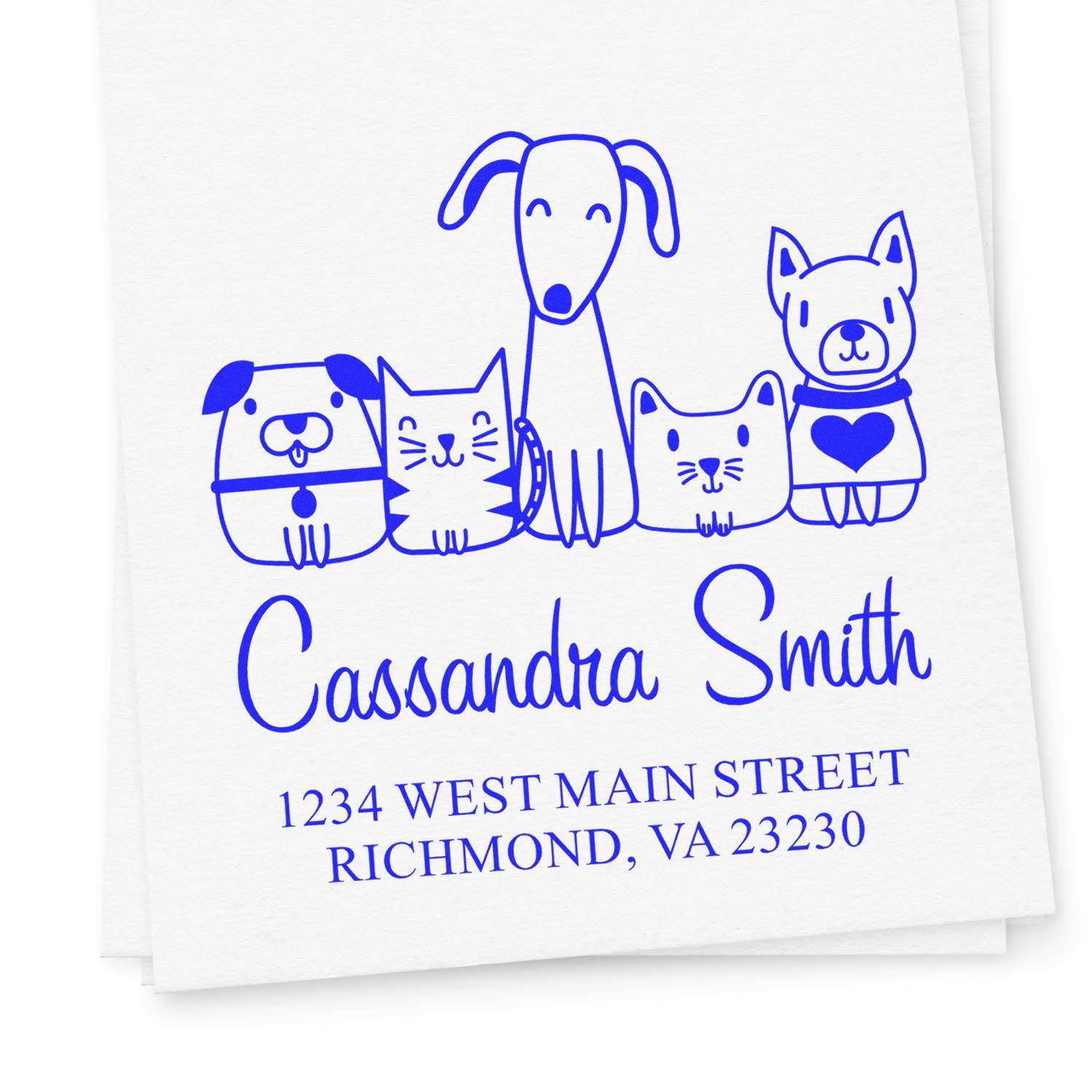 Custom return address rubber stamp with dog and cat family design, personalized with name and address.