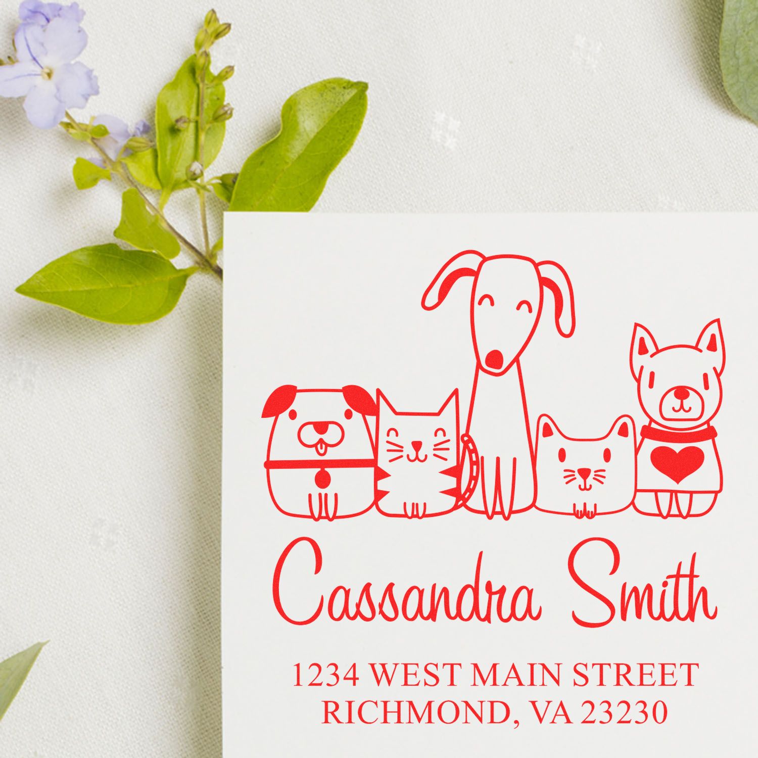 Custom pet address rubber stamp with dog and cat design for Cassandra Smith, Richmond, VA return address cards.
