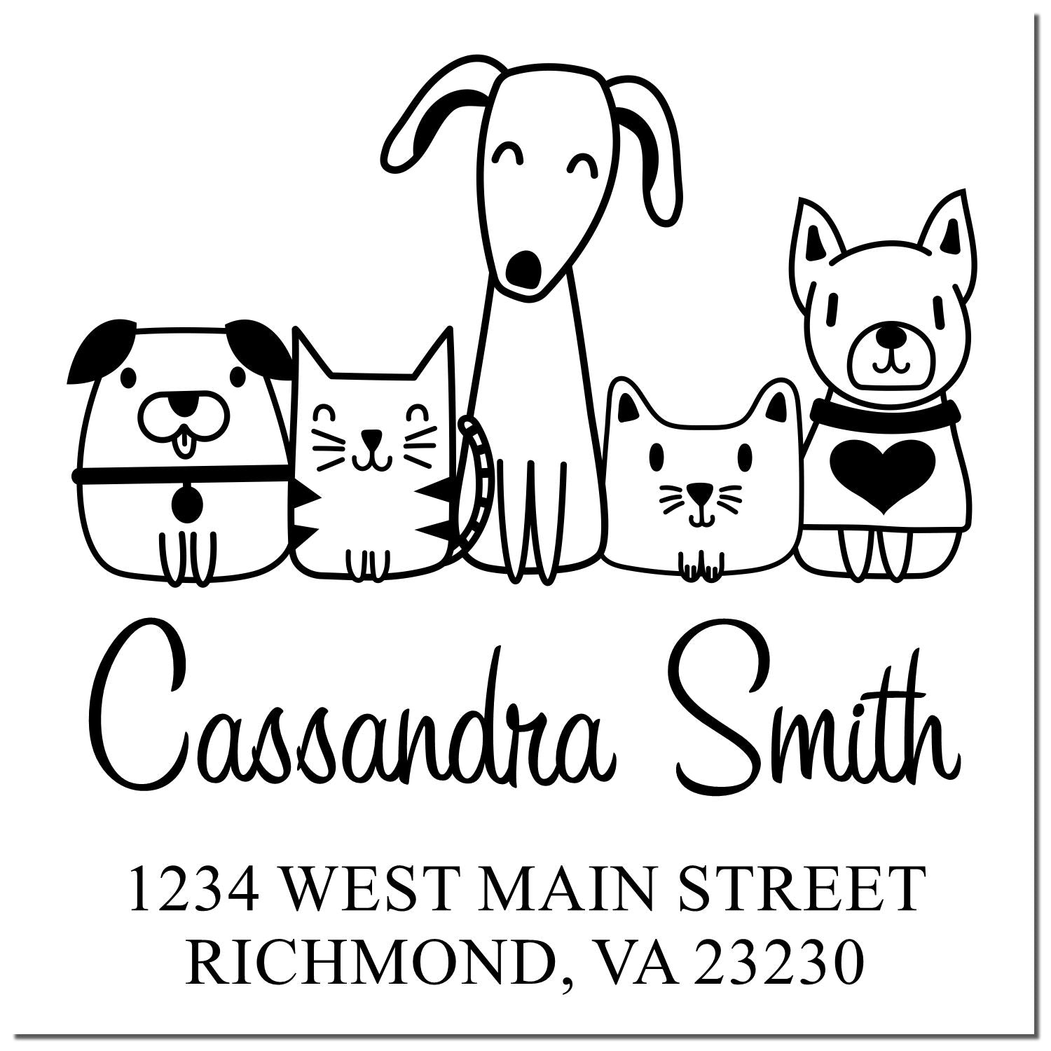 Personalized pet return address rubber stamp with cartoon dog and cat for Cassandra Smith, Richmond VA 23230.