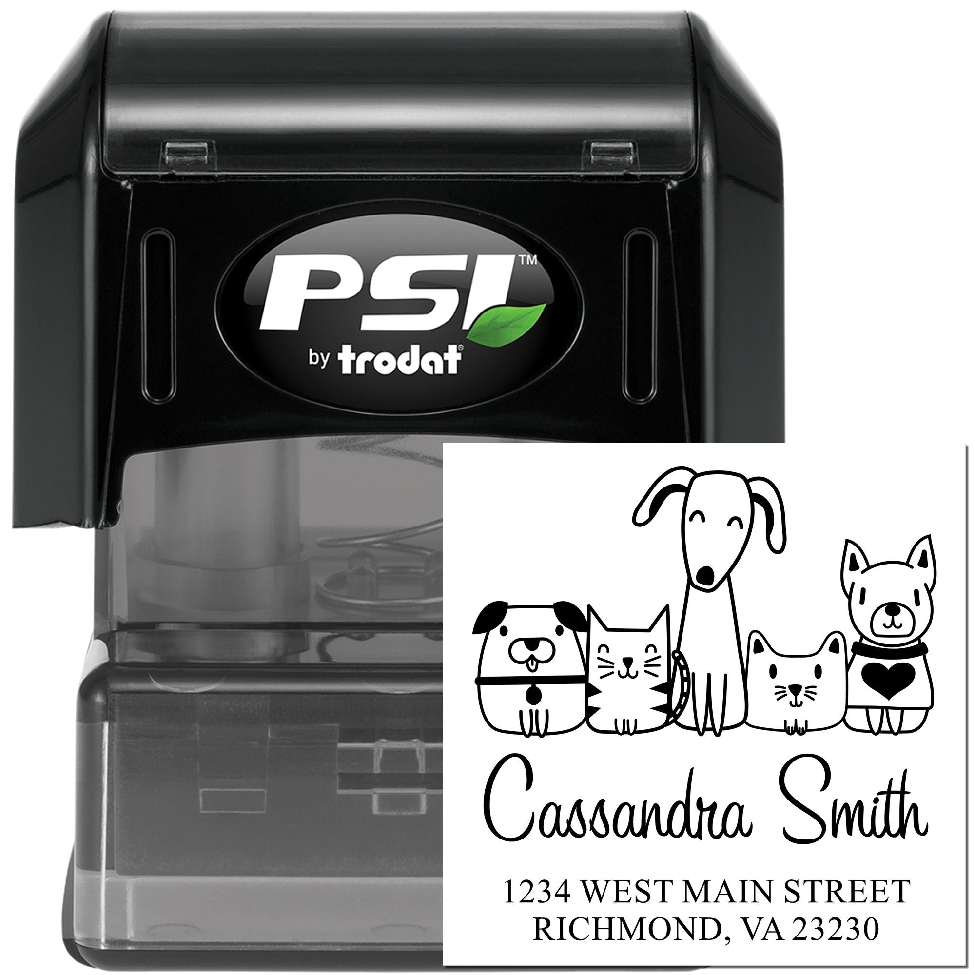 Custom self-inking pet address rubber stamp by PSI Trodat with dog and cat design for personalized return addresses.