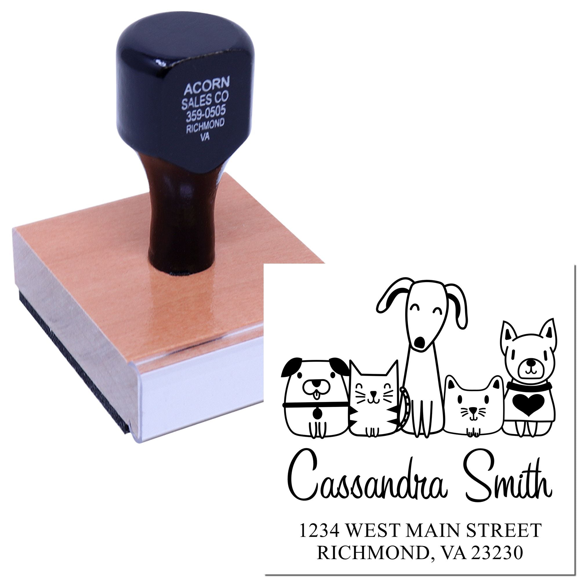 Custom pet address rubber stamp with dog and cat art, featuring a personalized name and Richmond, VA return address.