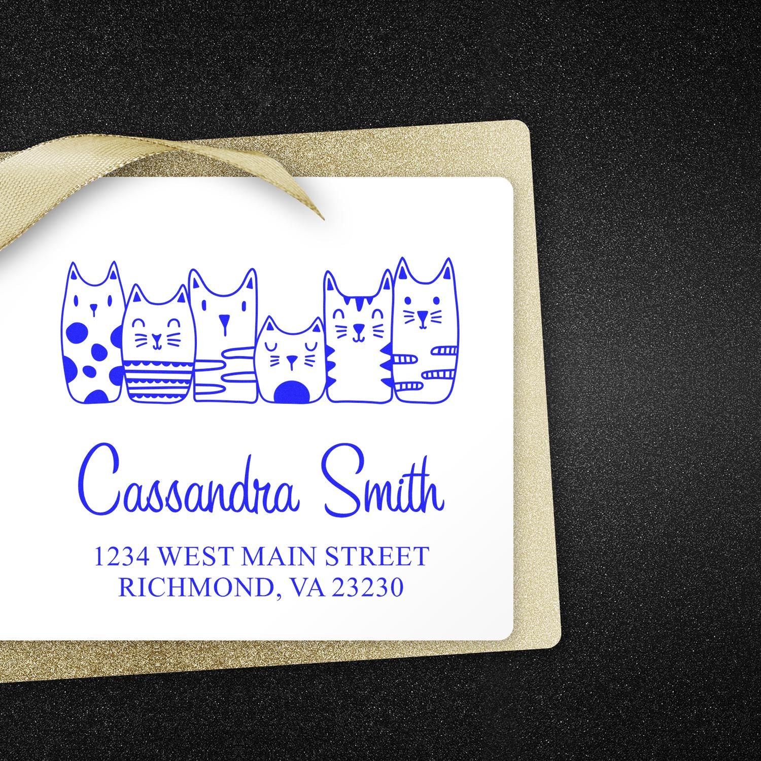 Custom cat address rubber stamp with personalized name and return address for stationery, cards, and invitations.