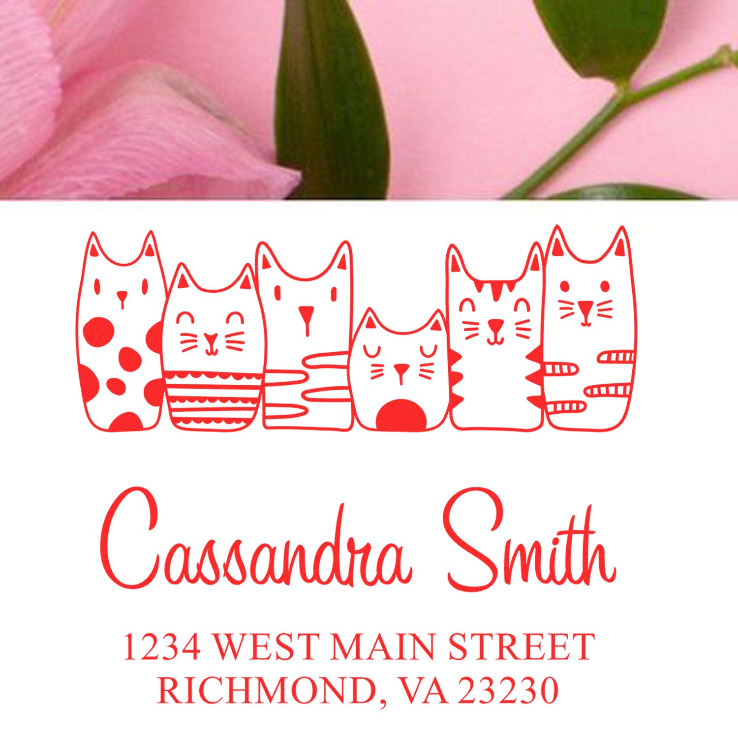 Personalized cat return address rubber stamp with six cat illustrations, Cassandra Smith name, and Richmond, VA address.