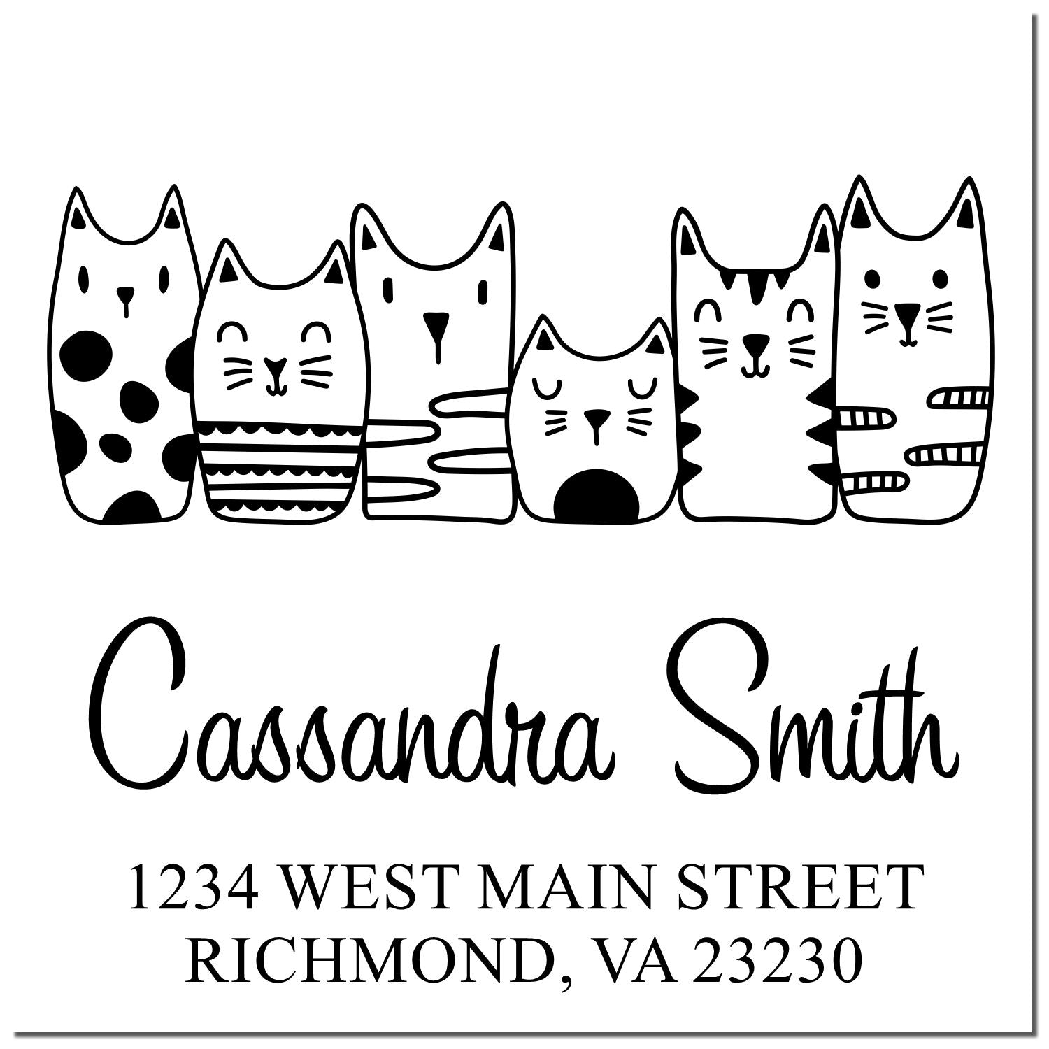 Personalized cat family return address rubber stamp for Cassandra Smith, Richmond, VA 23230