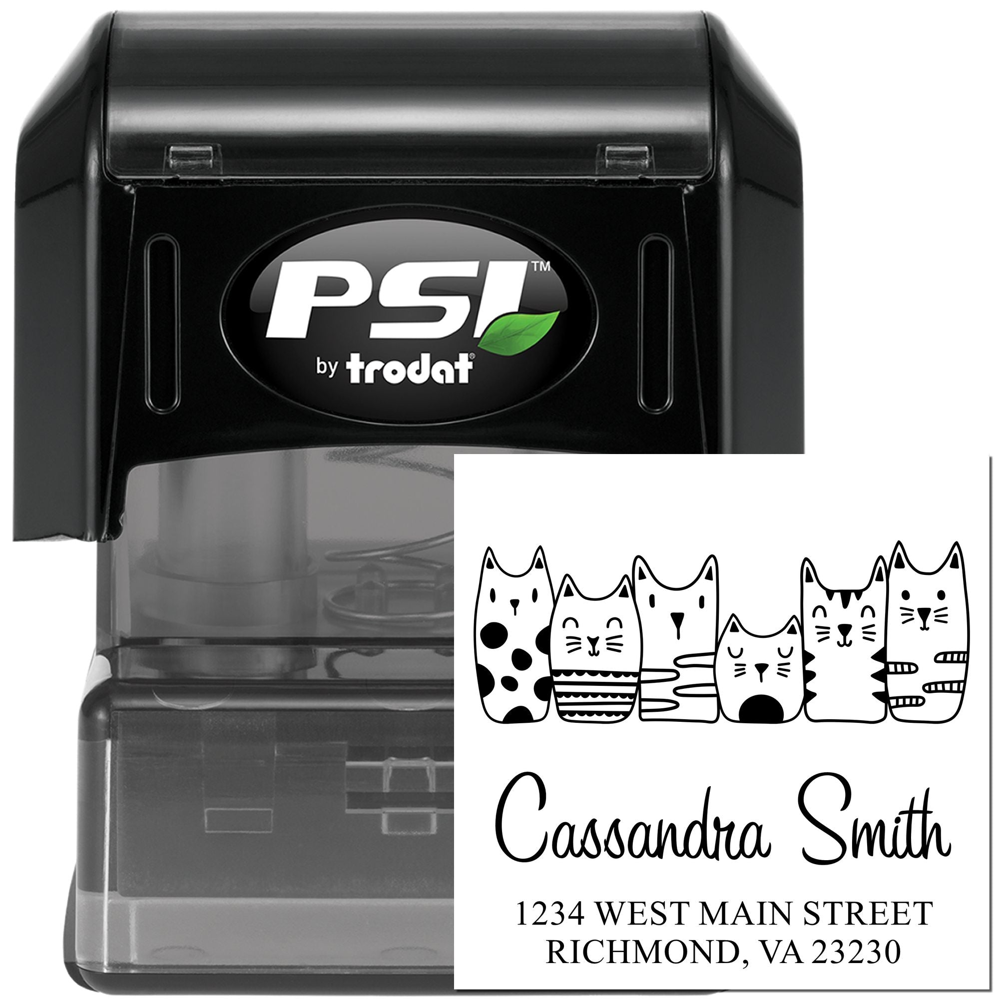 PSI by Trodat custom rubber address stamp with cat design, Cassandra Smith, and Richmond VA return address.