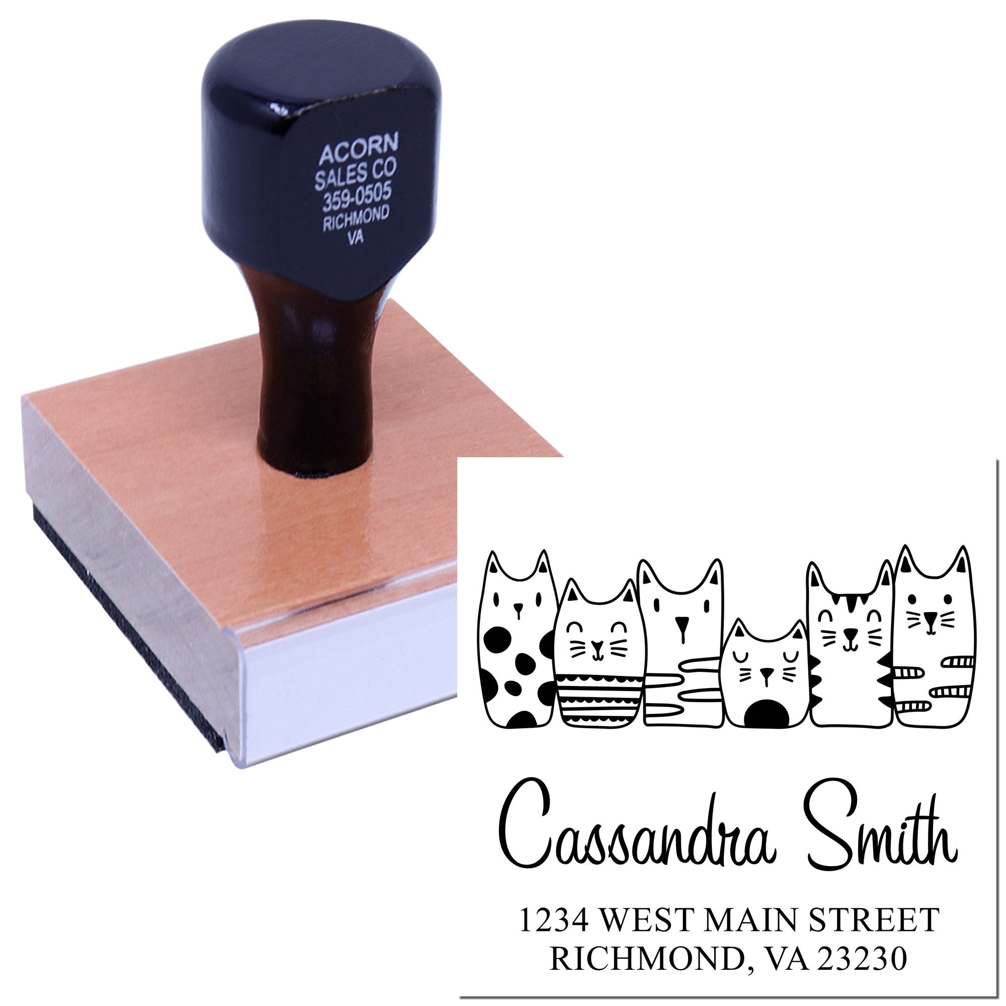Personalized rubber address stamp with cat illustrations, name, and return address for custom home or business use.
