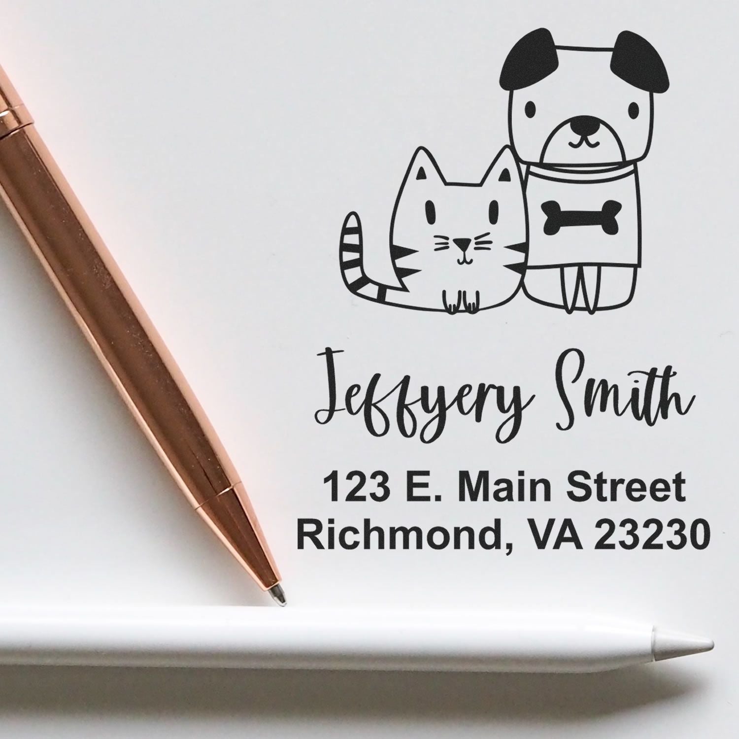Custom pet address rubber stamp with cat and dog design for Jeffery Smith, Richmond, VA 23230