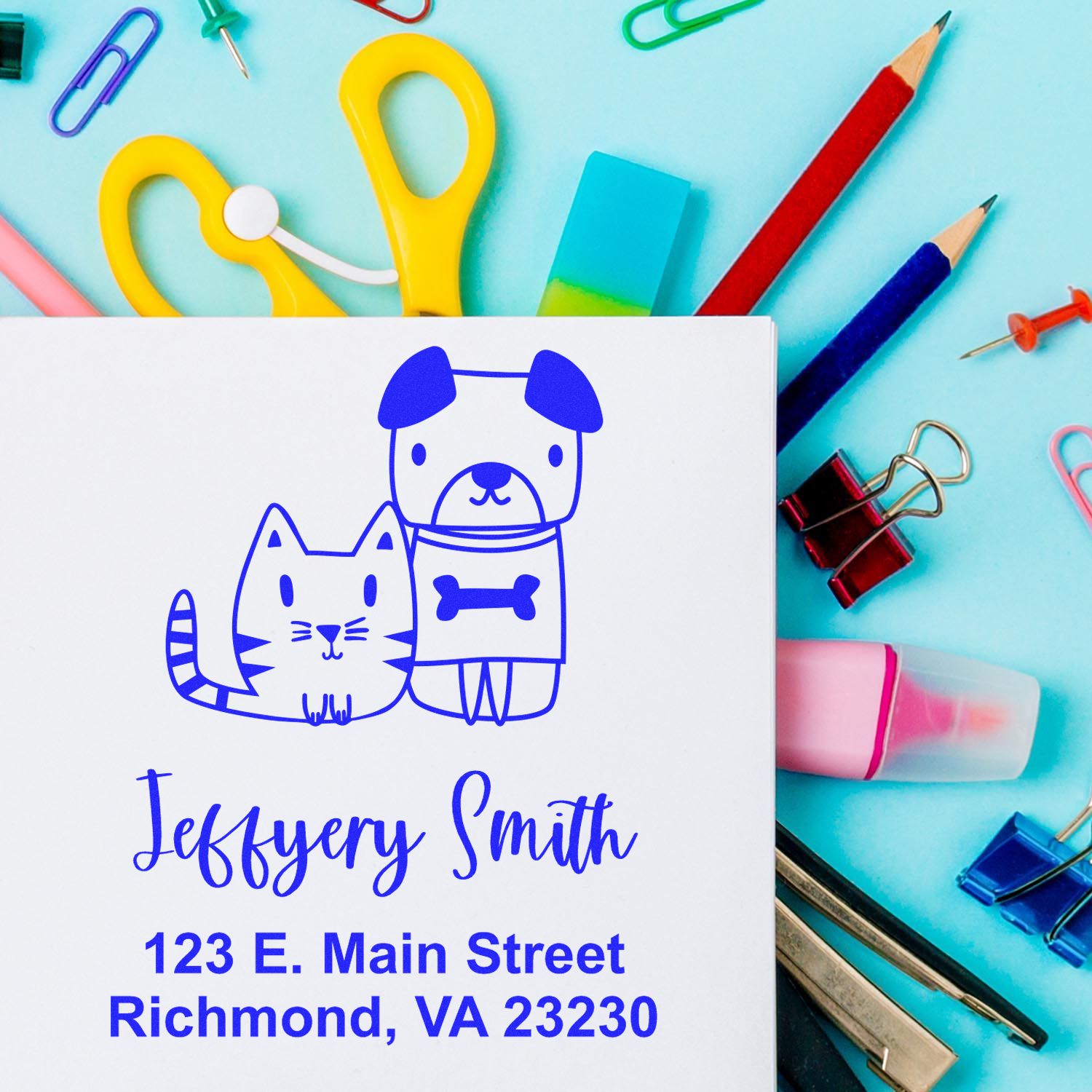 Custom rubber return address stamp with cat and dog design for personalized mailing, stationery, and pet business branding.