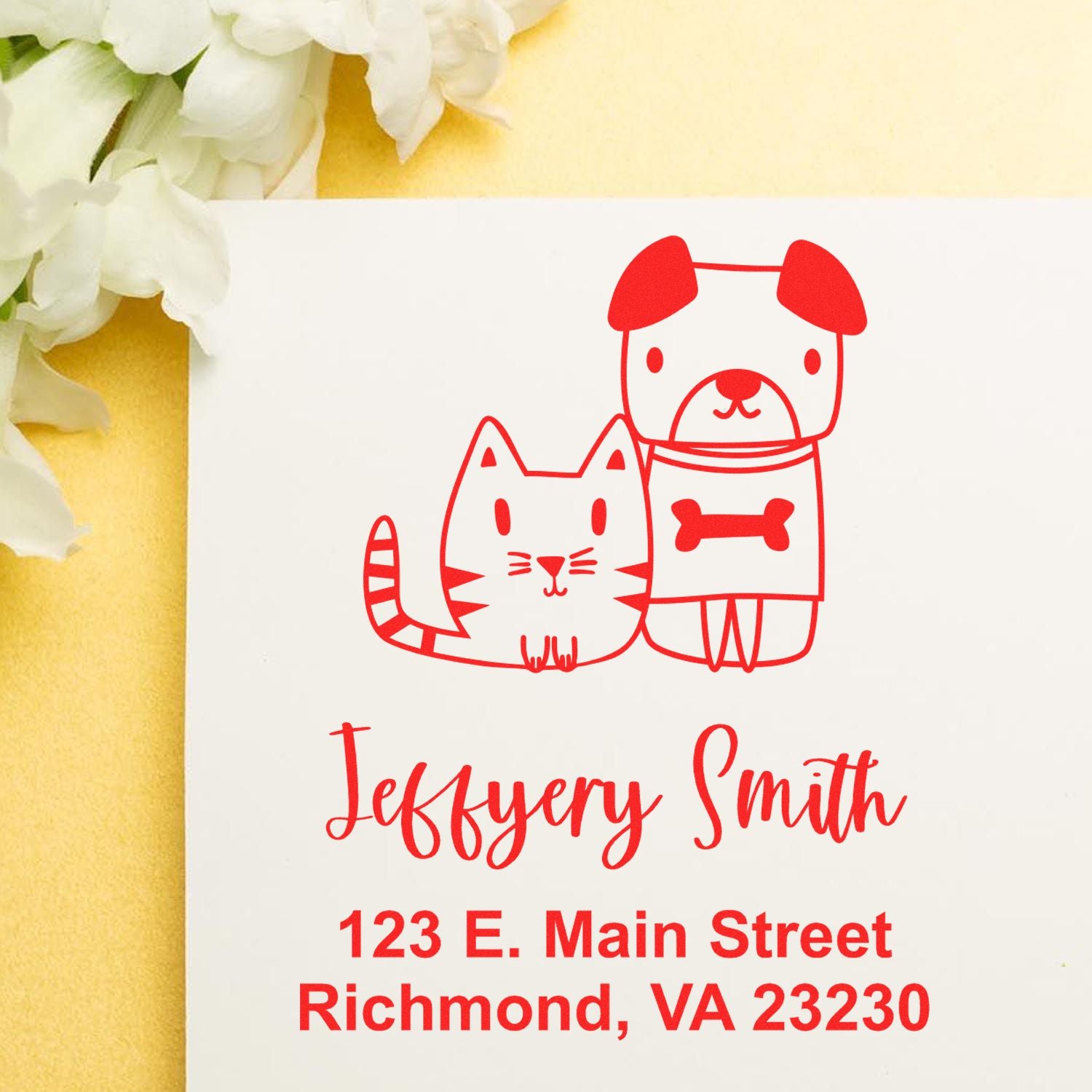 Custom return address rubber stamp with cat and dog design for Jeffery Smith, Richmond, VA 23230