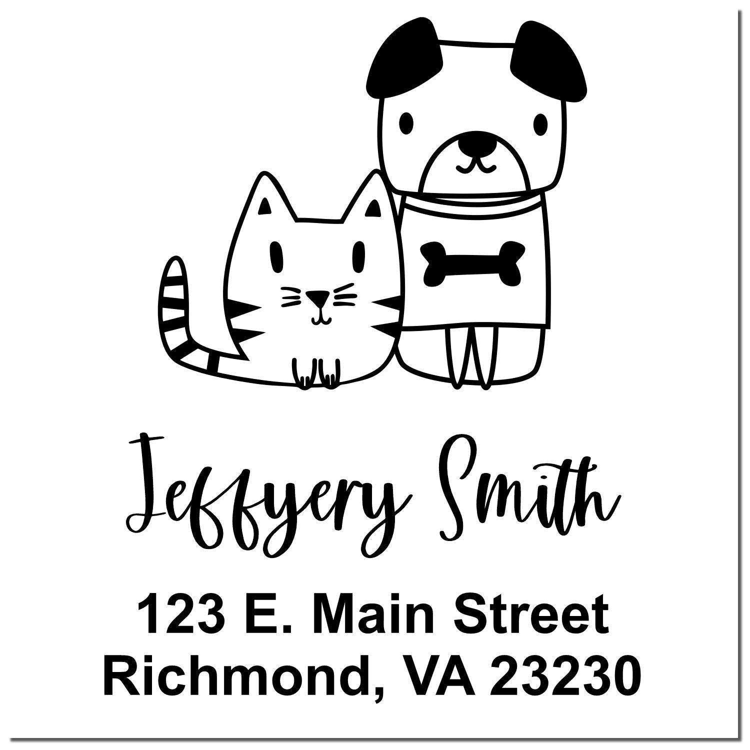 Custom return address rubber stamp with cat and dog illustration for Jeffrey Smith, Richmond, VA.