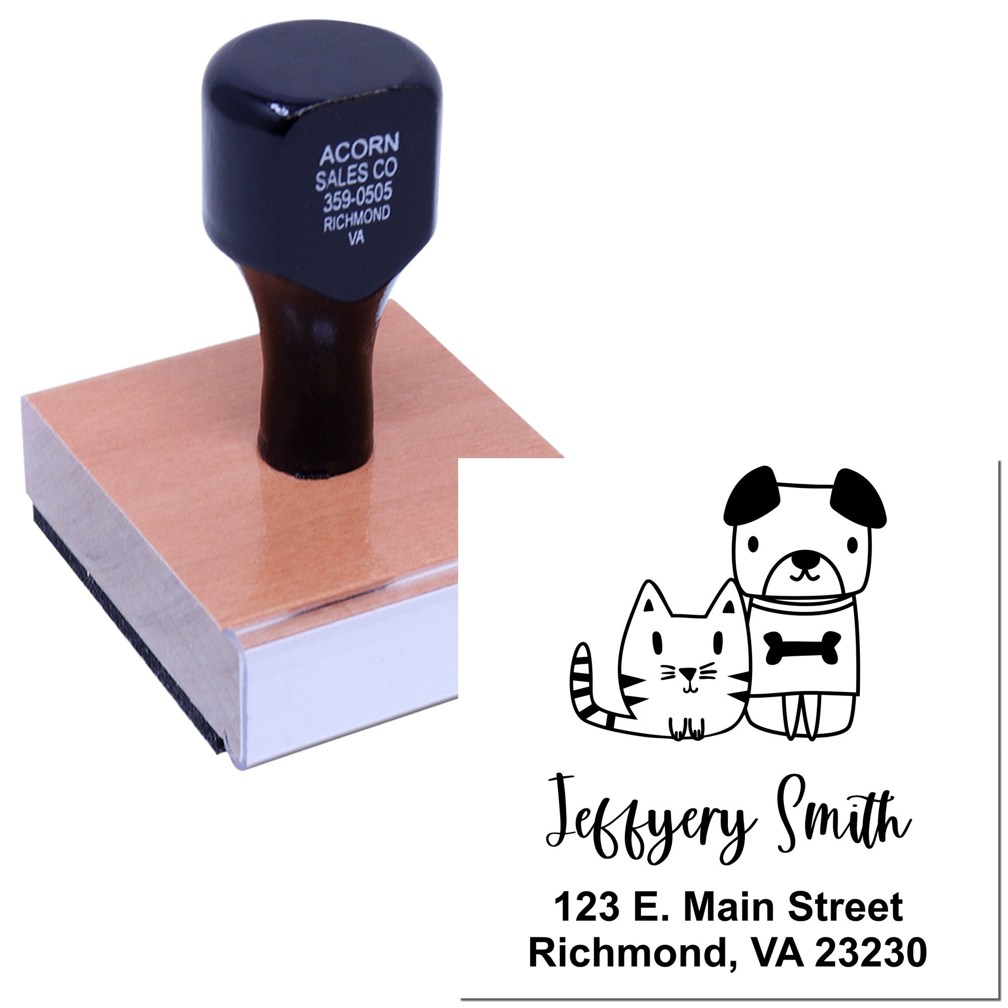 Custom rubber stamp with pet logo and address for business branding, mailing, and packaging.