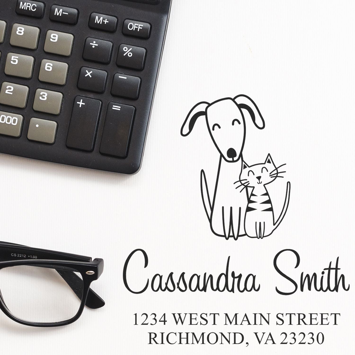 Personalized rubber address stamp with dog and cat design for Cassandra Smith, Richmond, VA 23230