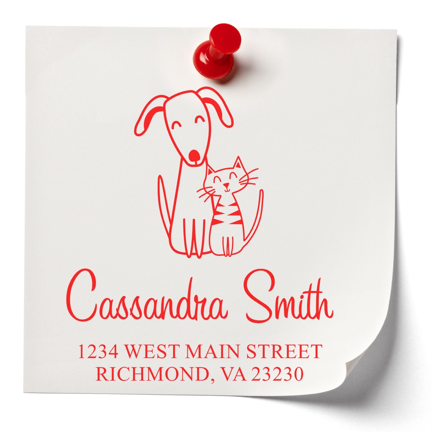 Custom address rubber stamp with dog and cat design, featuring Cassandra Smith and Richmond, VA return address.