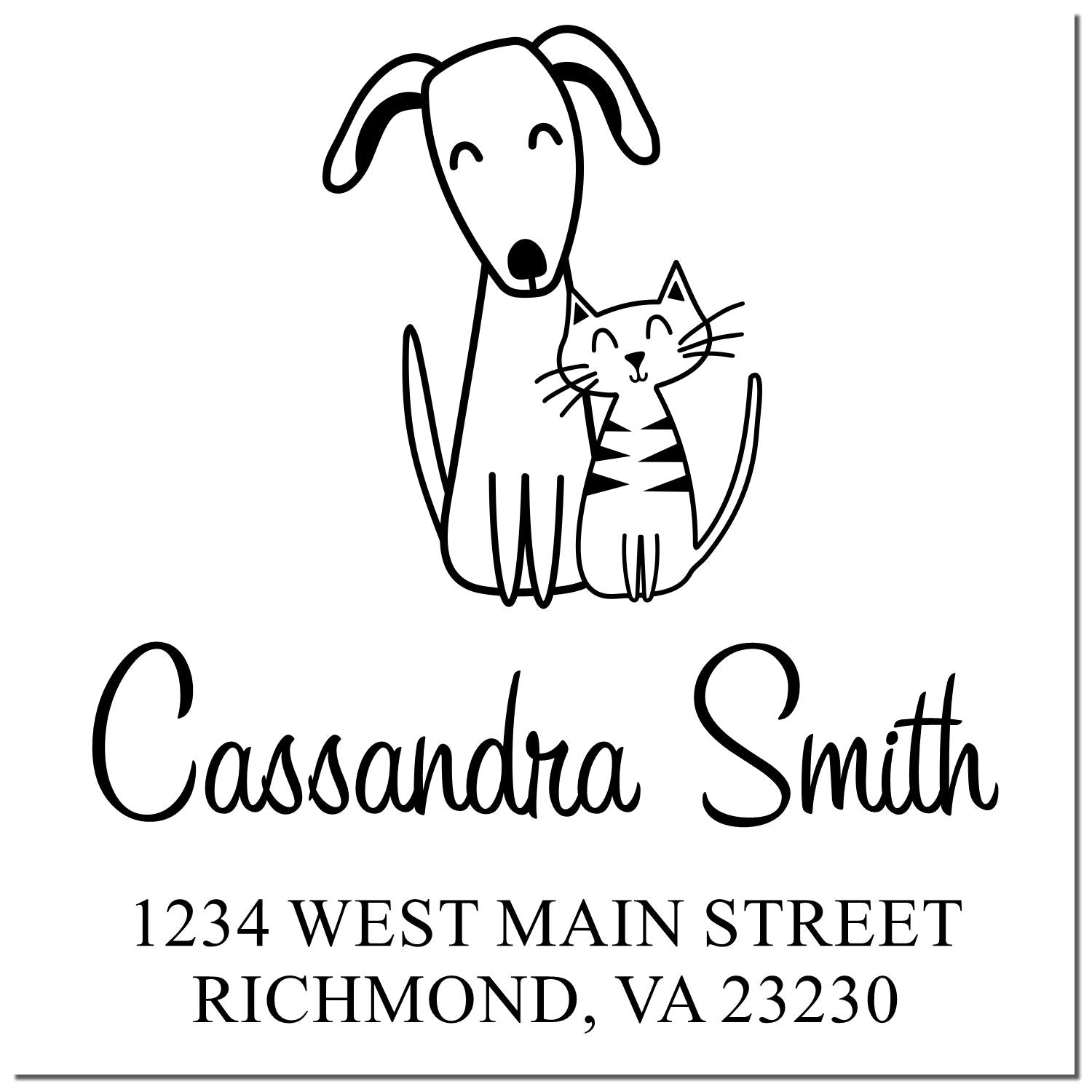 Personalized rubber stamp with dog and cat illustration, Cassandra Smith return address, 1234 West Main Street, Richmond, VA 23230