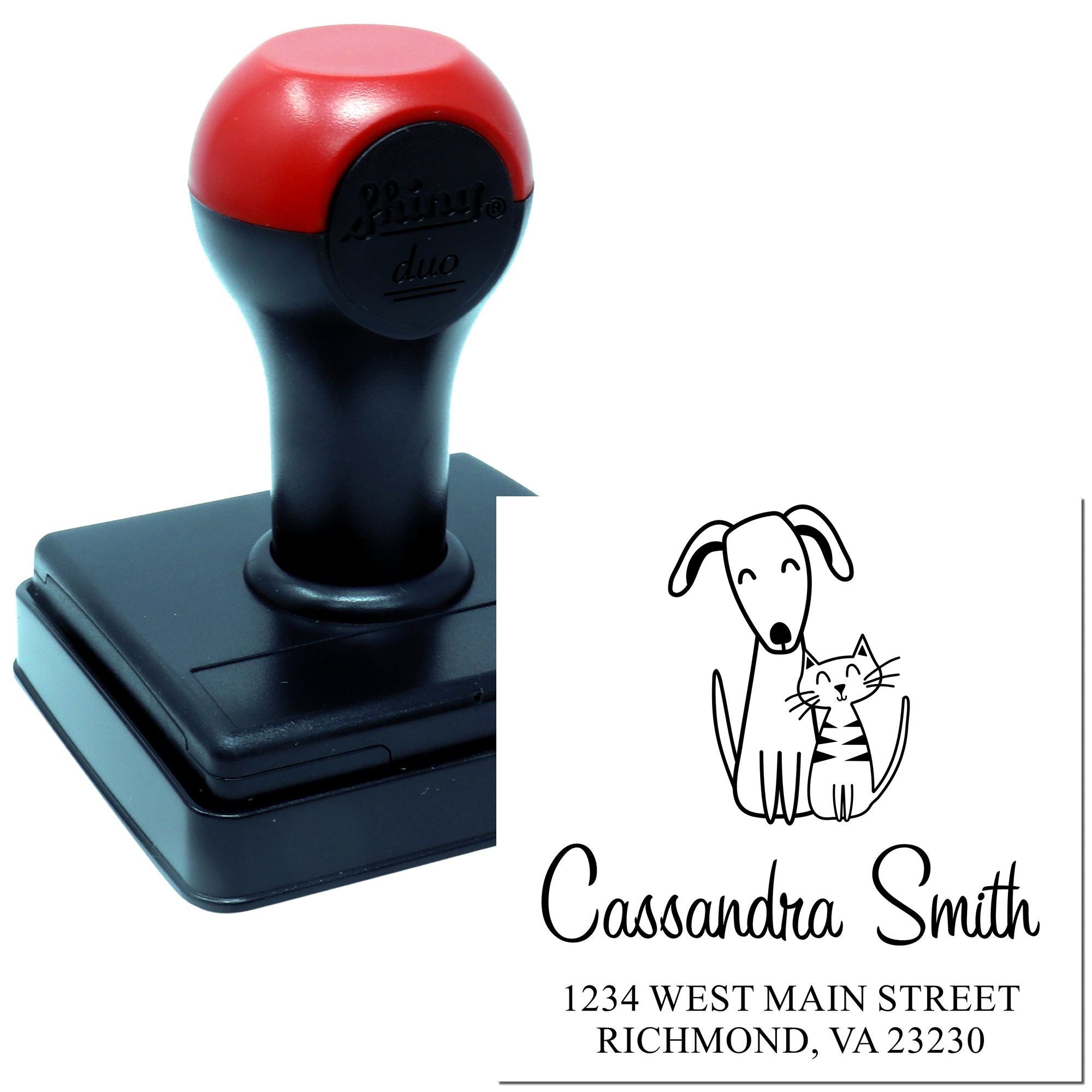Custom self-inking rubber address stamp with dog and cat design for Cassandra Smith, Richmond VA return mailing