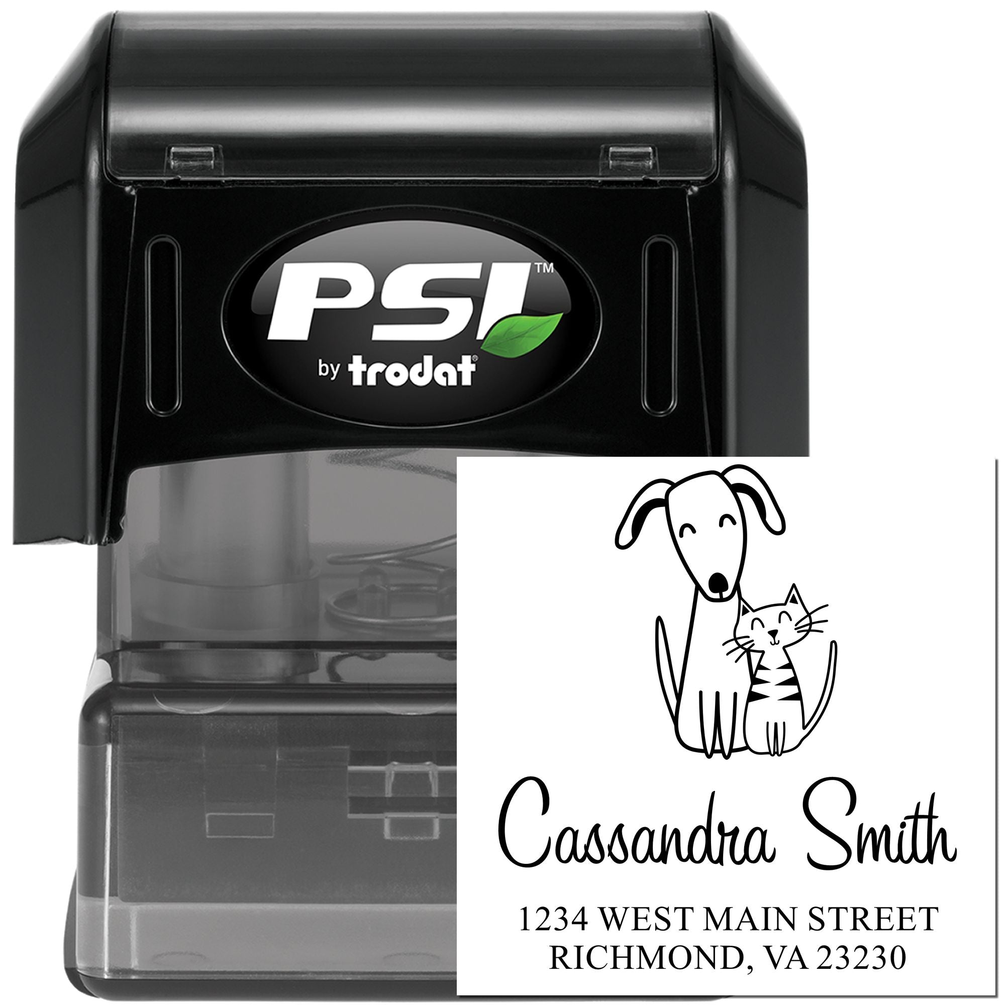 Custom self-inking address stamp with dog and cat design, name and address imprint by PSI by Trodat.