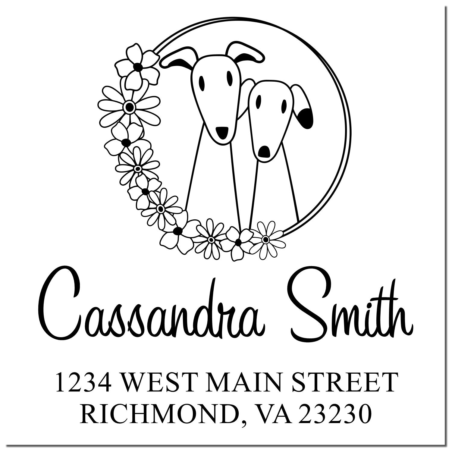 Custom dog-themed return address rubber stamp with floral wreath, Cassandra Smith, 1234 West Main Street, Richmond, VA 23230.