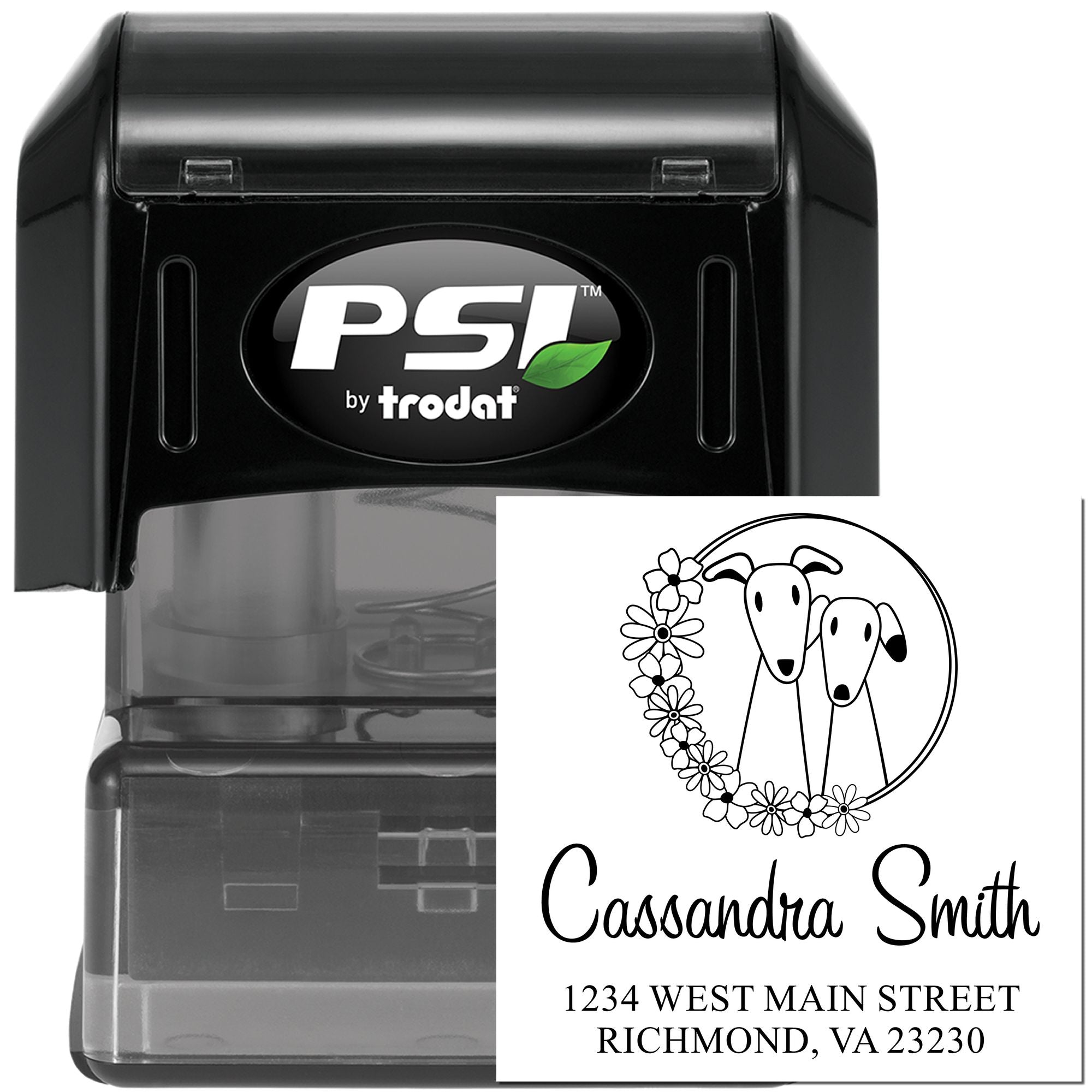 Custom self-inking rubber stamp by PSI by Trodat with dog and floral address design for Cassandra Smith, Richmond VA.