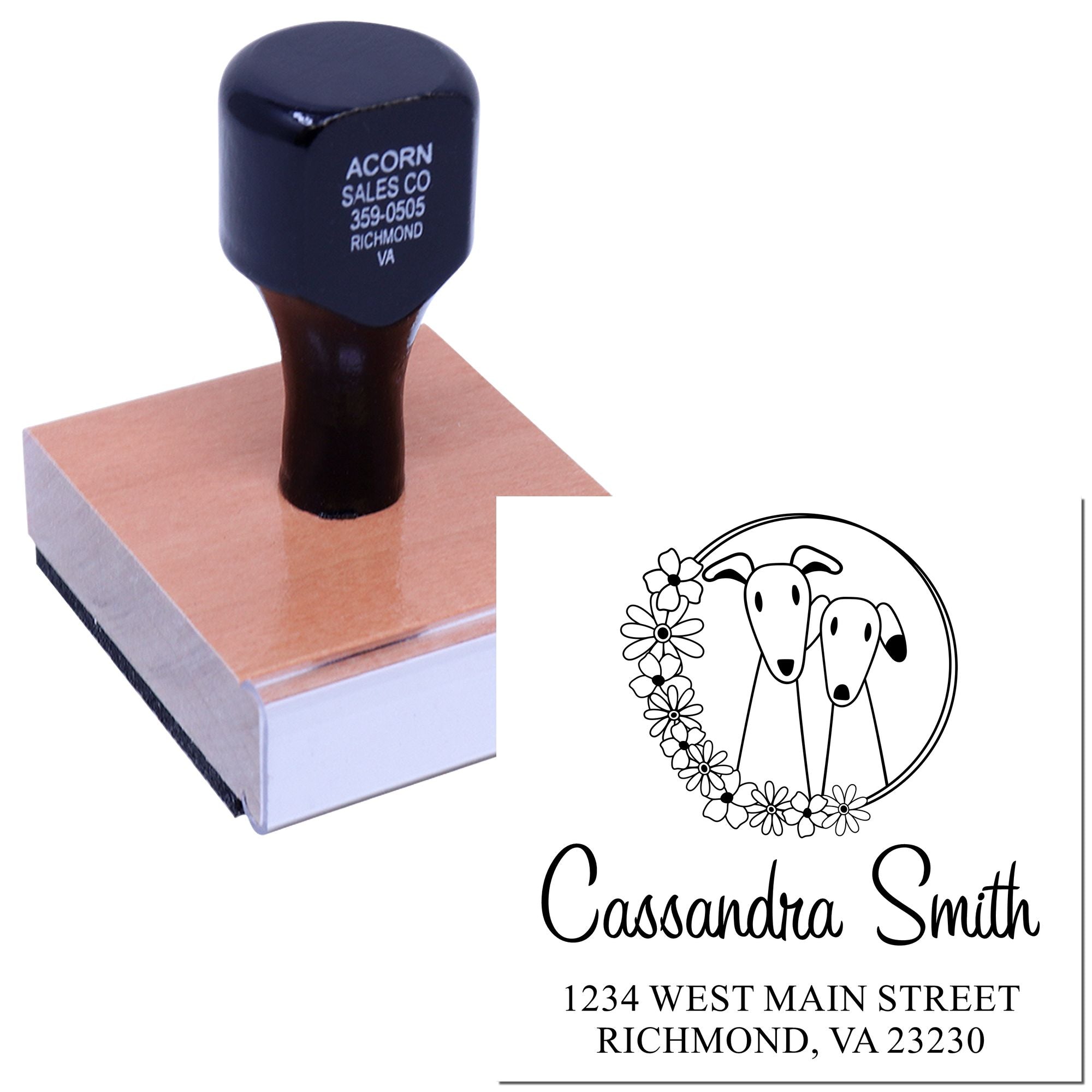 Custom address rubber stamp with floral dog logo, personalized name, and Richmond, VA mailing imprint.