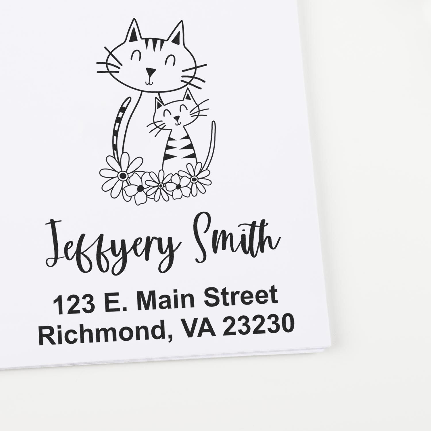 Custom rubber address stamp with cat and kitten illustration, Jeffery Smith return address, Richmond, VA.