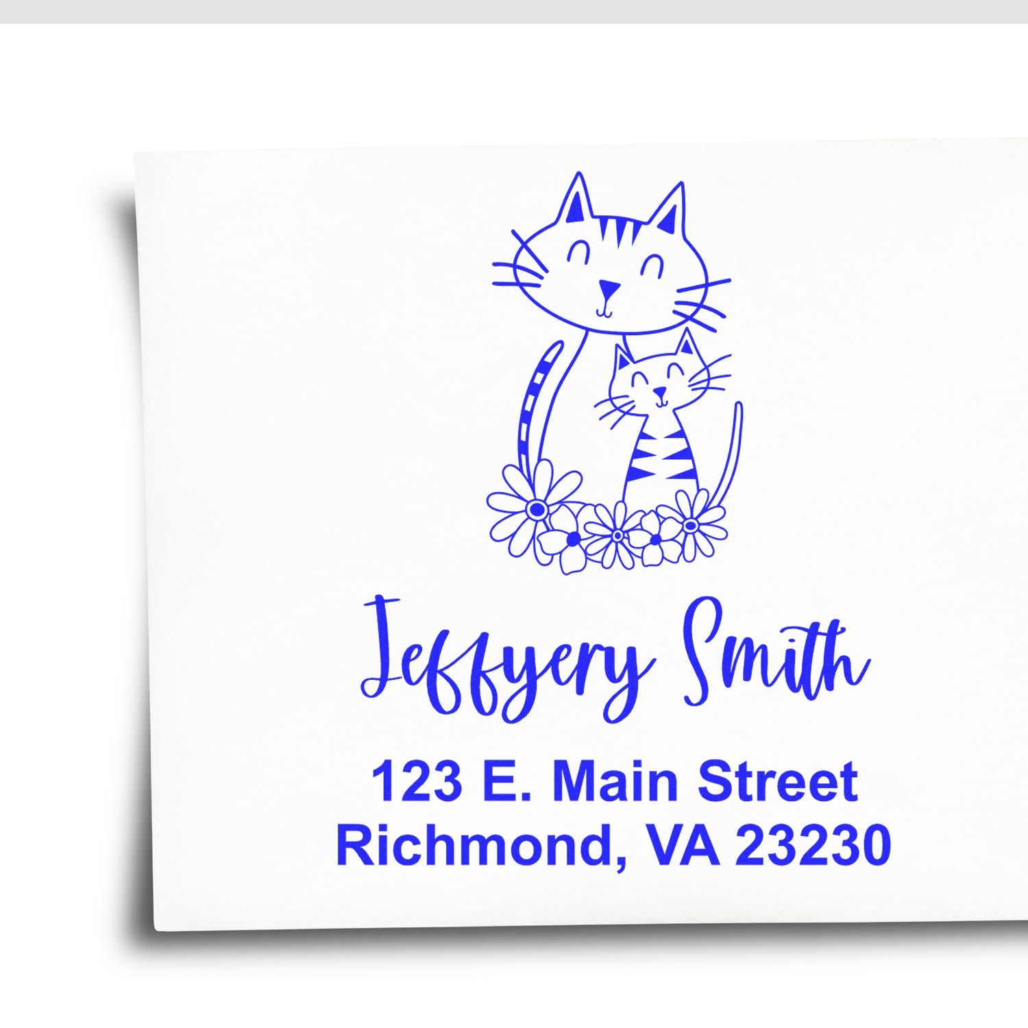 Custom cat address rubber stamp for Jeffery Smith with floral design, Richmond VA personalized return address stamp