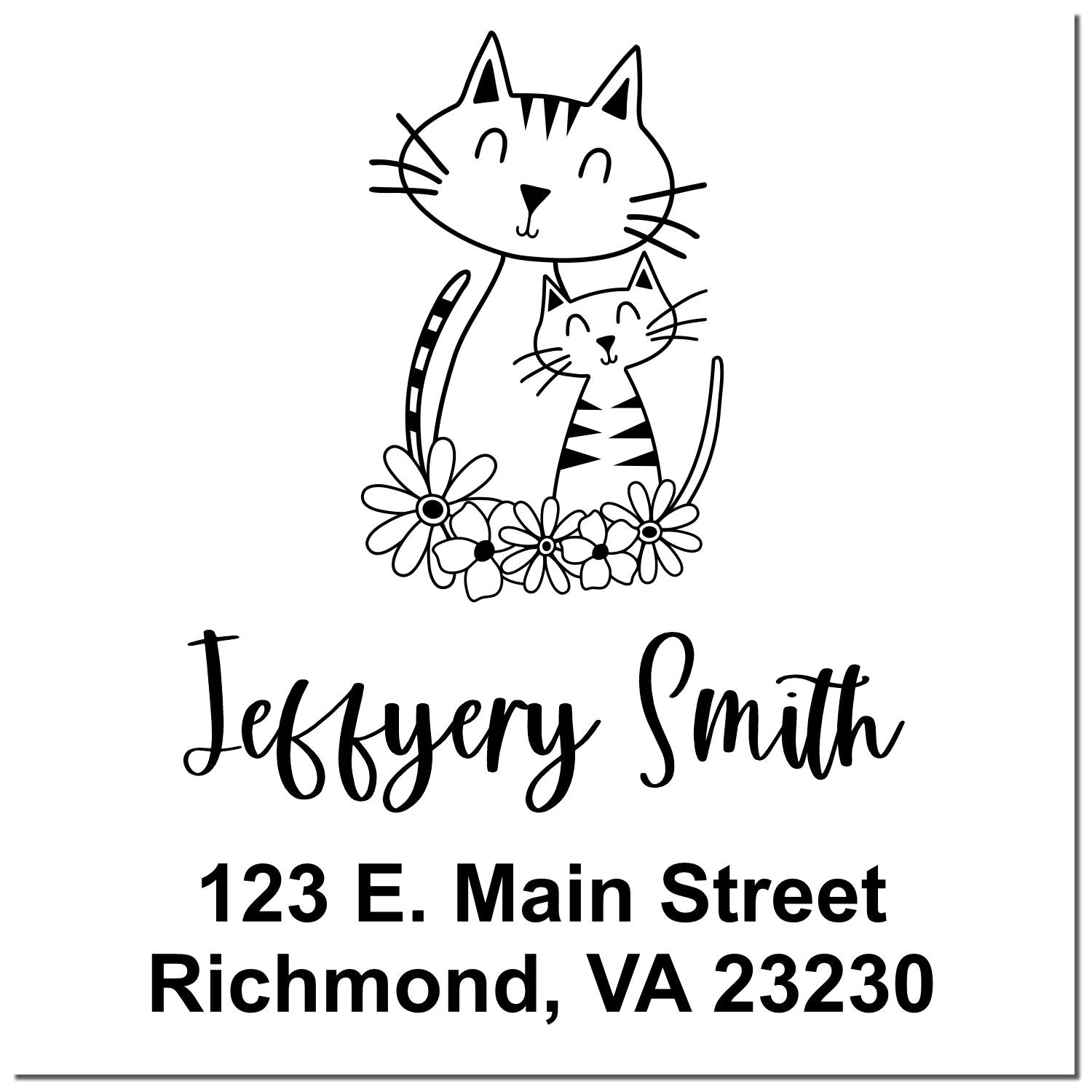 Personalized cat return address rubber stamp with floral design, featuring Jeffery Smith and Richmond, VA 23230.