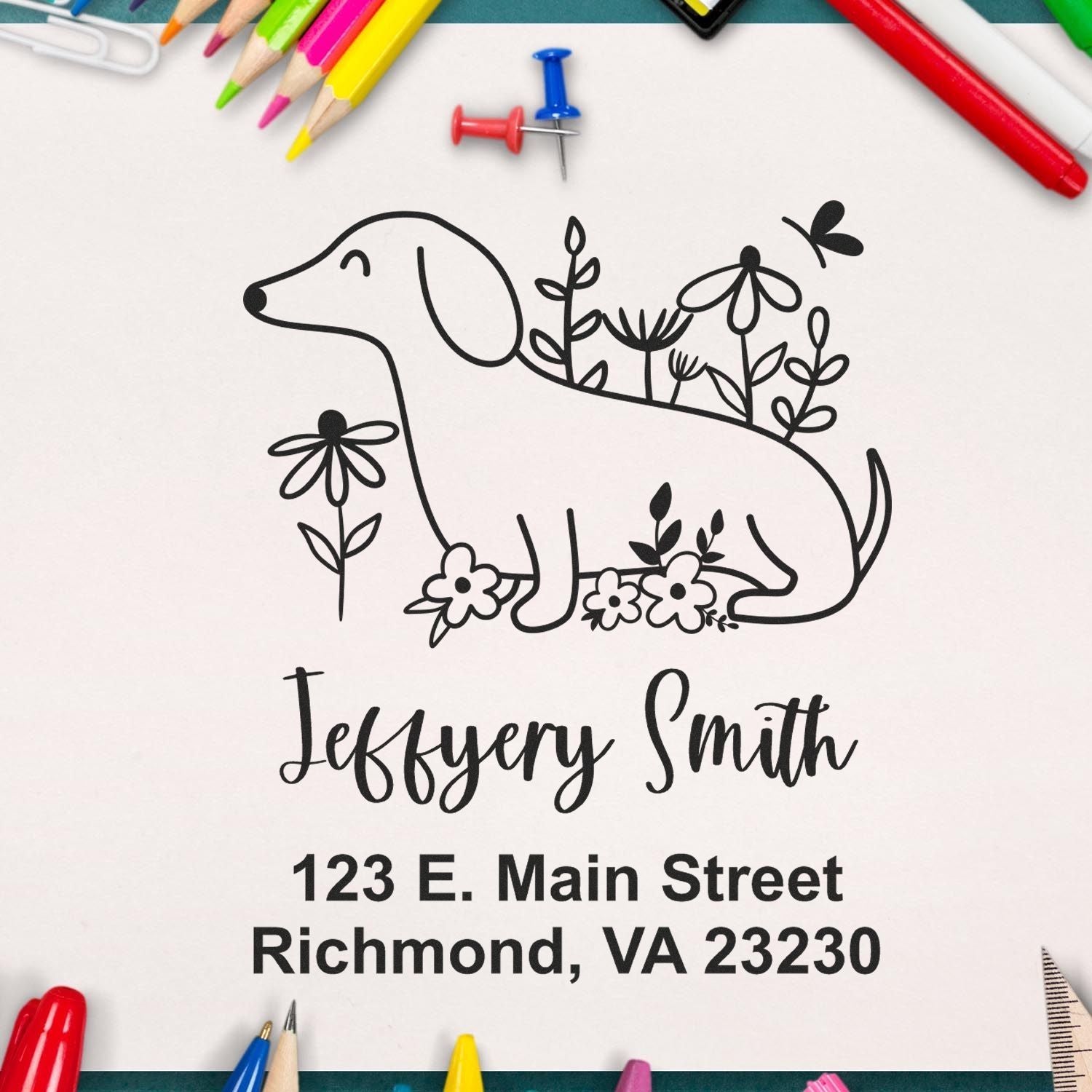 Custom rubber address stamp with dog floral design, personalized name and return address for mailing and stationery.