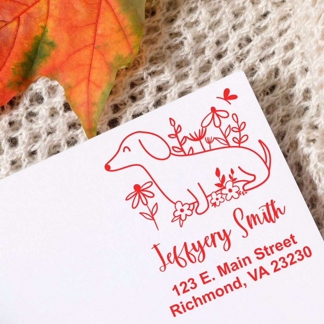 Custom dog return address rubber stamp with floral dachshund design for Jeffrey Smith, Richmond VA