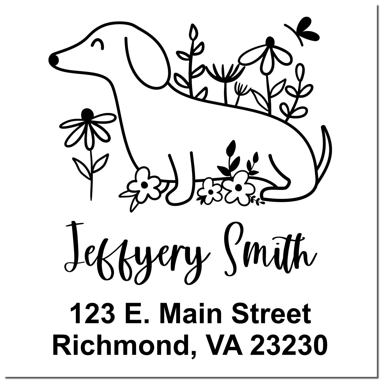 Custom dog return address rubber stamp with floral line art, Jeffrey Smith, 123 E. Main Street, Richmond, VA 23230.