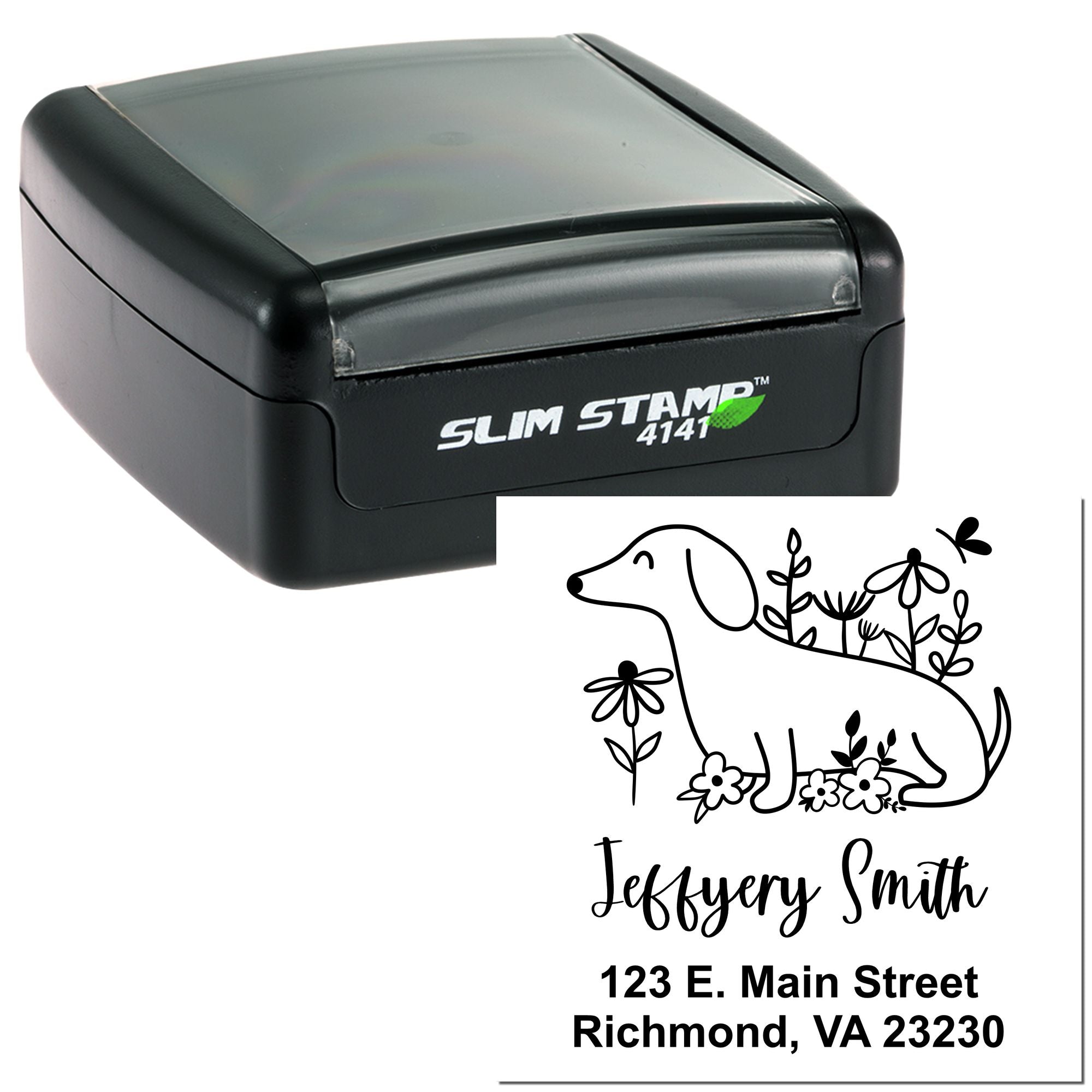 Custom dog lover address rubber stamp with floral pup design, shown on a Slim Stamp self-inking stamp for personalized mail.