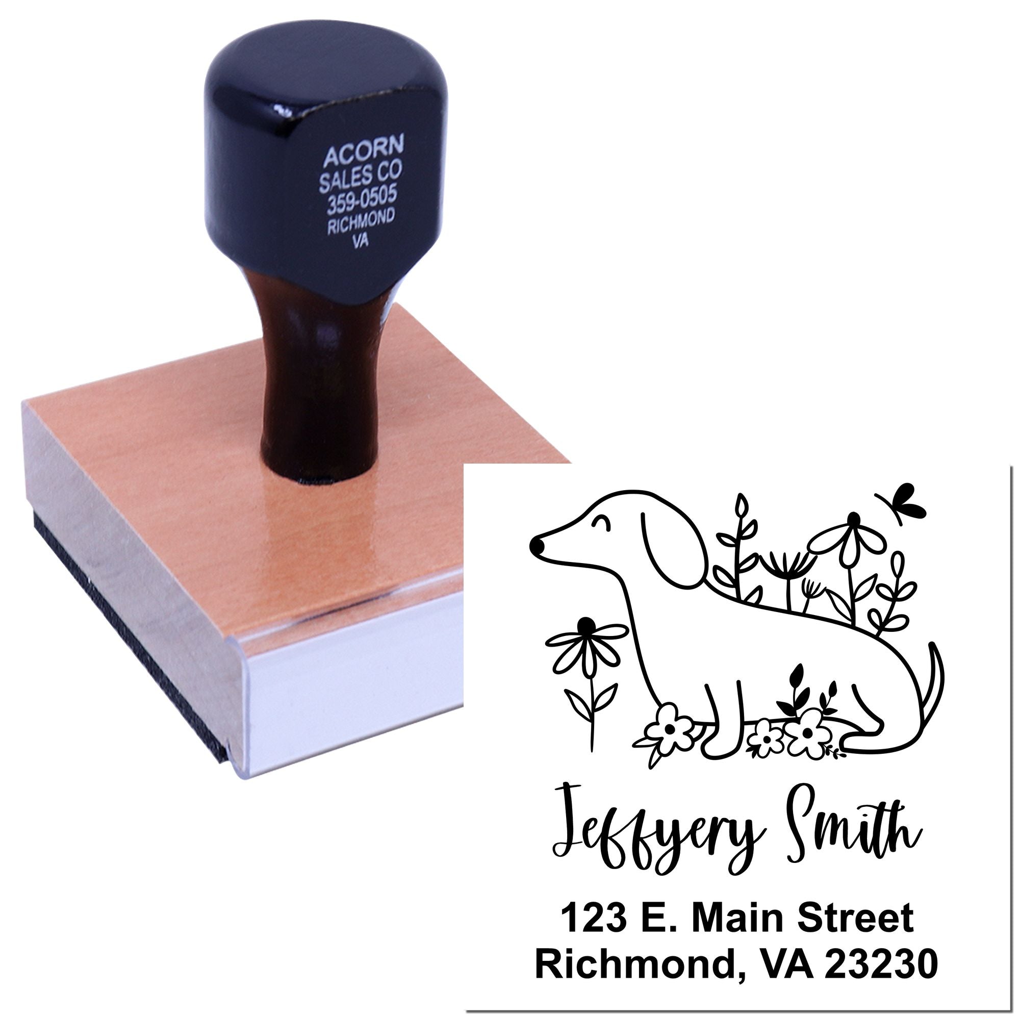 Custom return address rubber stamp with dog floral logo for personalized mailing and business correspondence