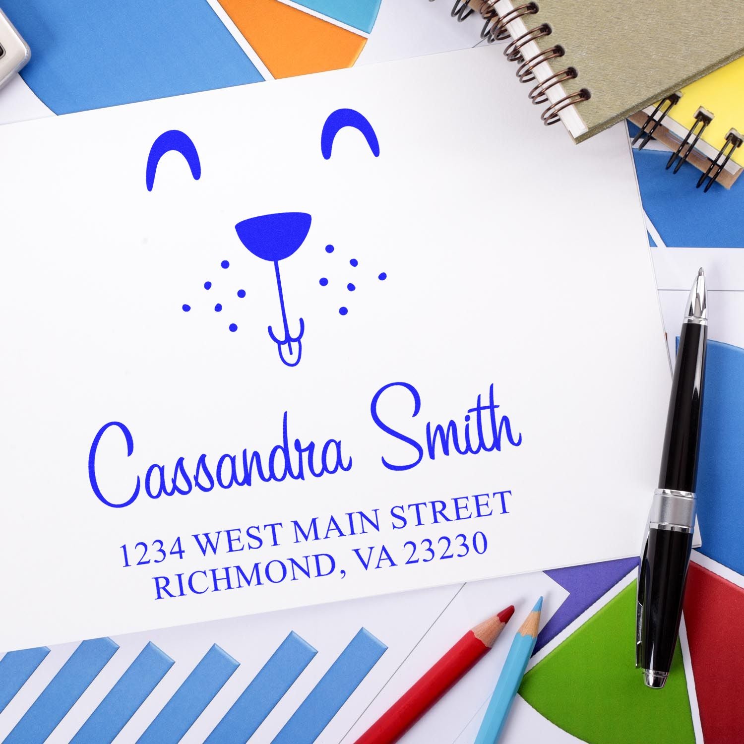 Custom address rubber stamp with dog design for Cassandra Smith, Richmond, VA 23230.