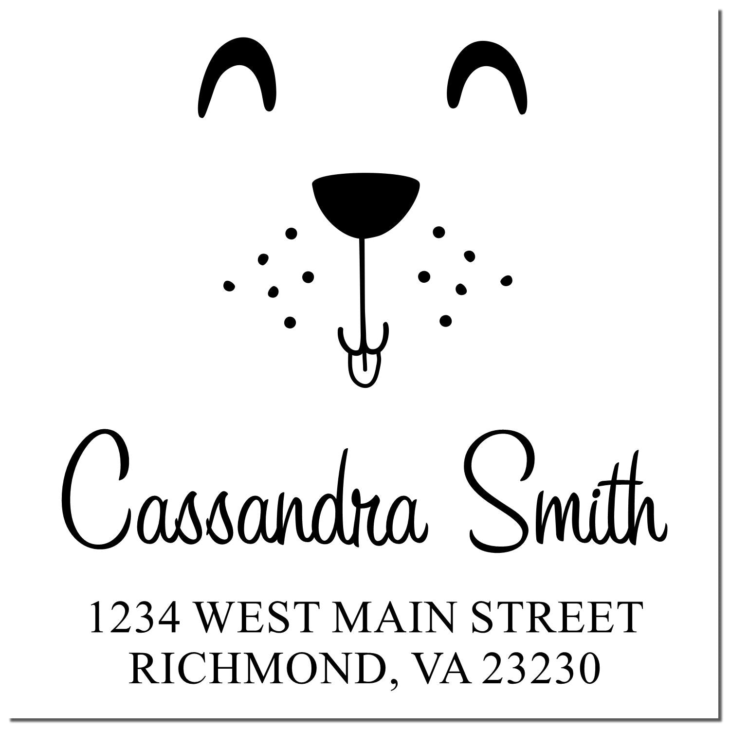 Custom dog address rubber stamp with Cassandra Smith name and Richmond, VA return address.