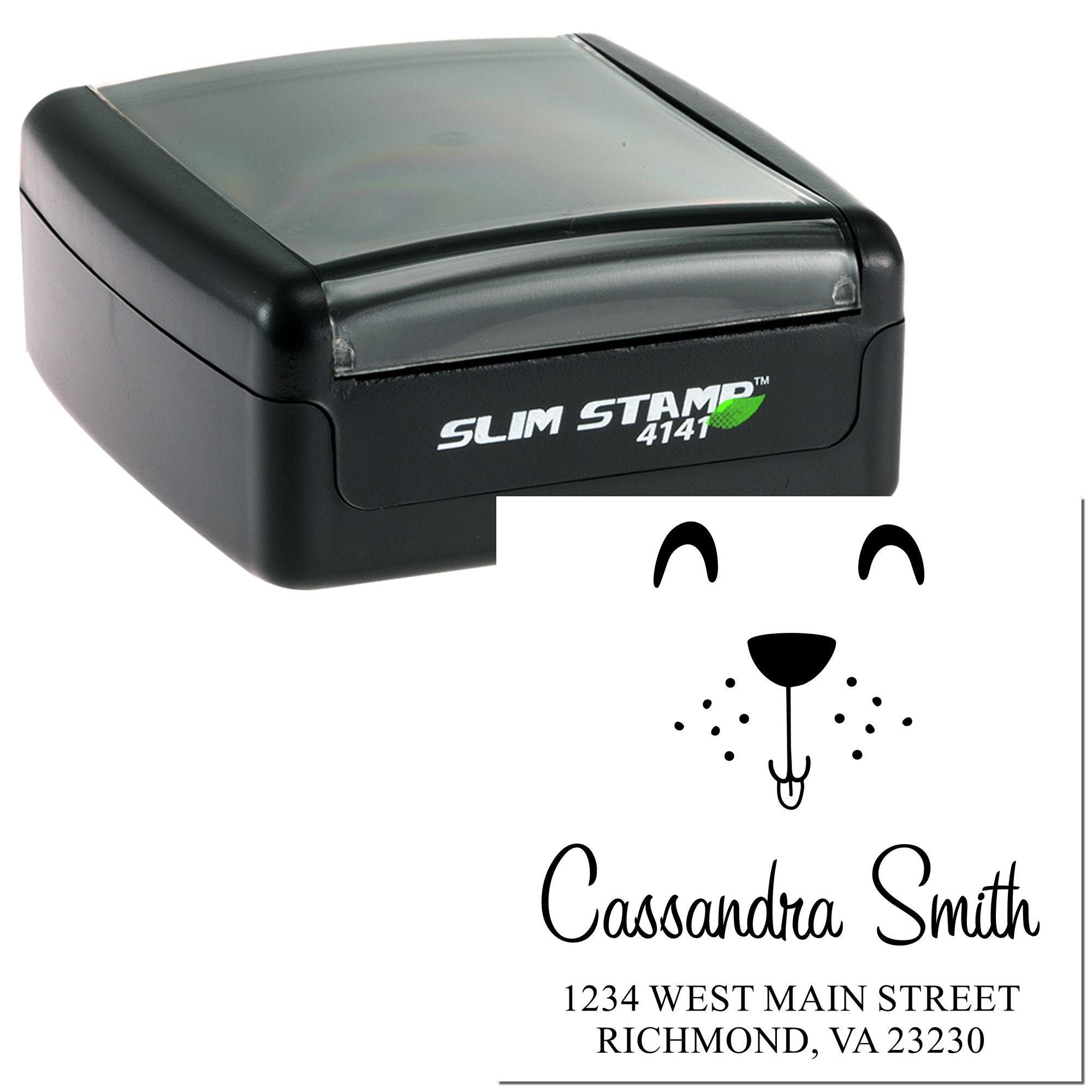 Custom self-inking rubber address stamp with dog face design, personalized name, and return address for pet-themed mail.