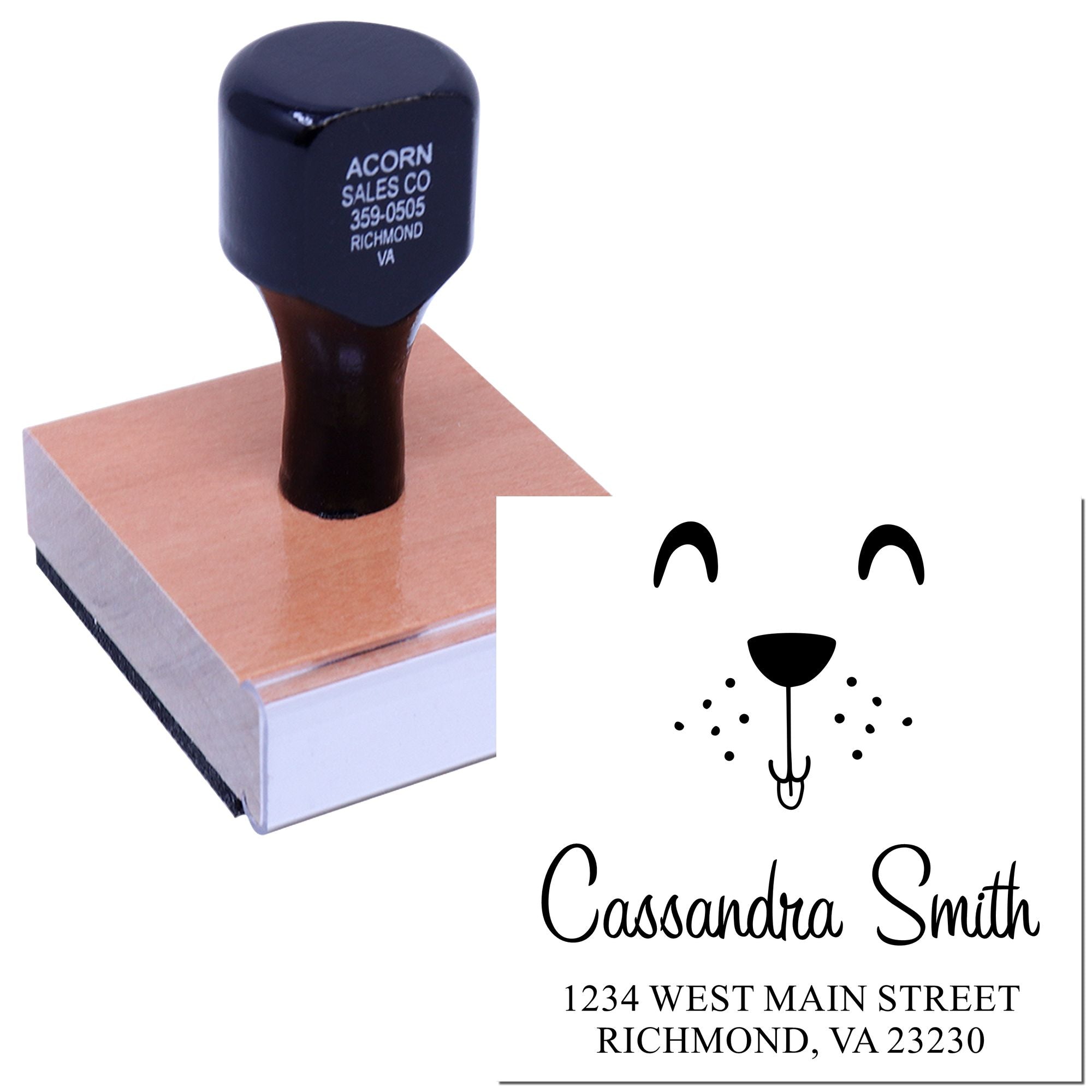 Personalized pet return address rubber stamp with dog face design, custom name, and Richmond, VA address.